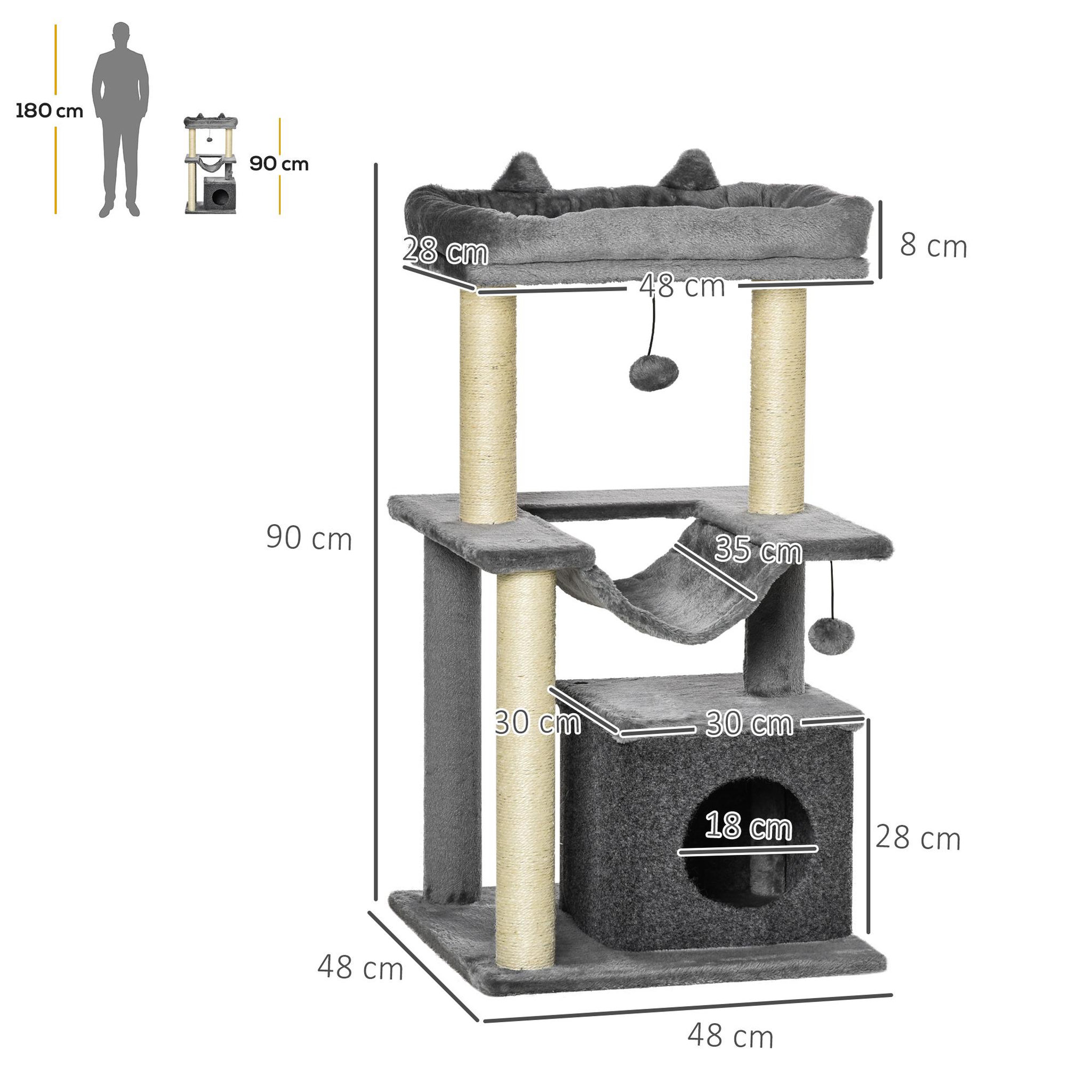 Voir la diapositive 3 : PAWHUT Arbre à chat h.90cm - griffoirs, plateforme d'observation, niche, hamac, boules suspendues - gris