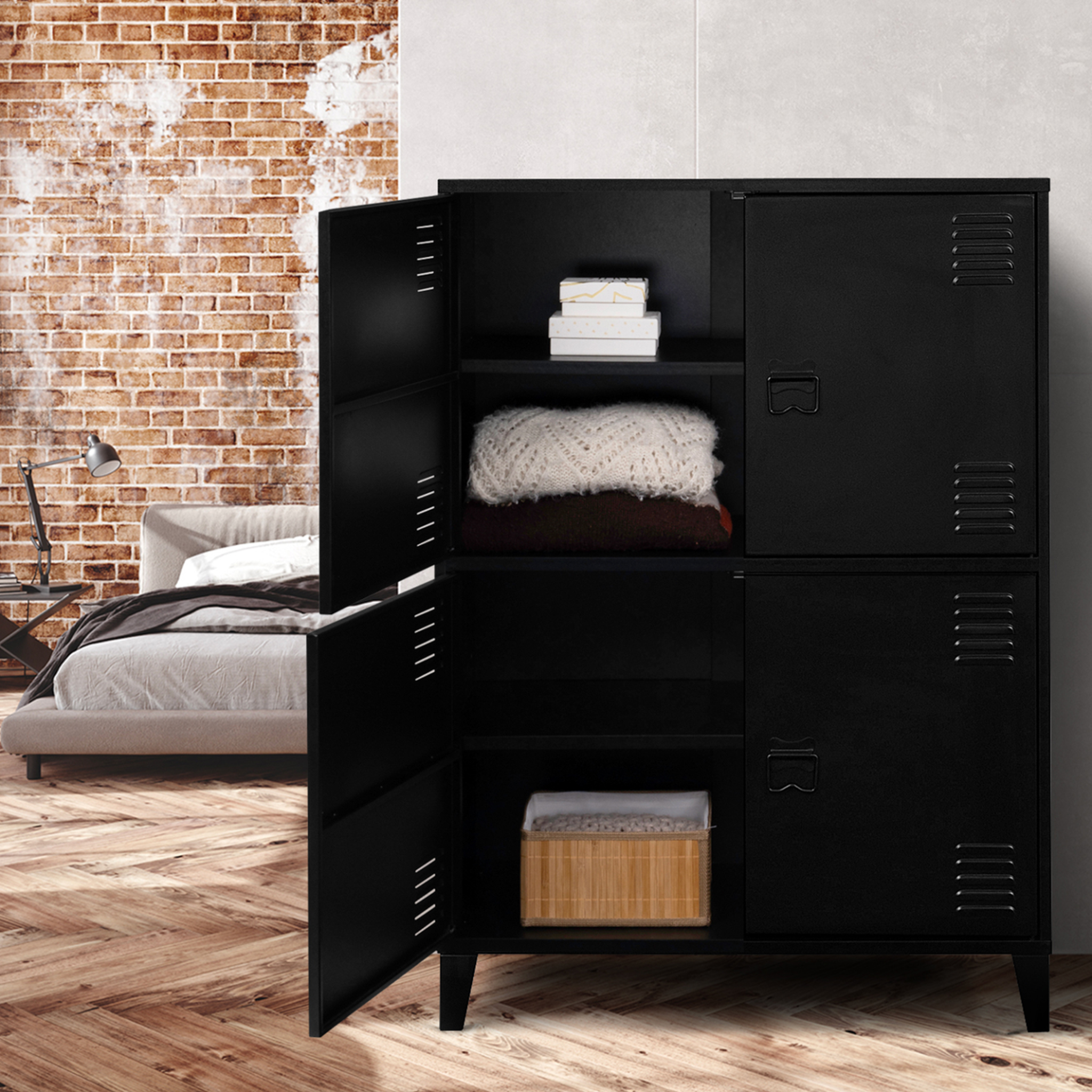 Voir la diapositive 3 : ID MARKET Armoire basse ester 4 portes métal noir design industriel