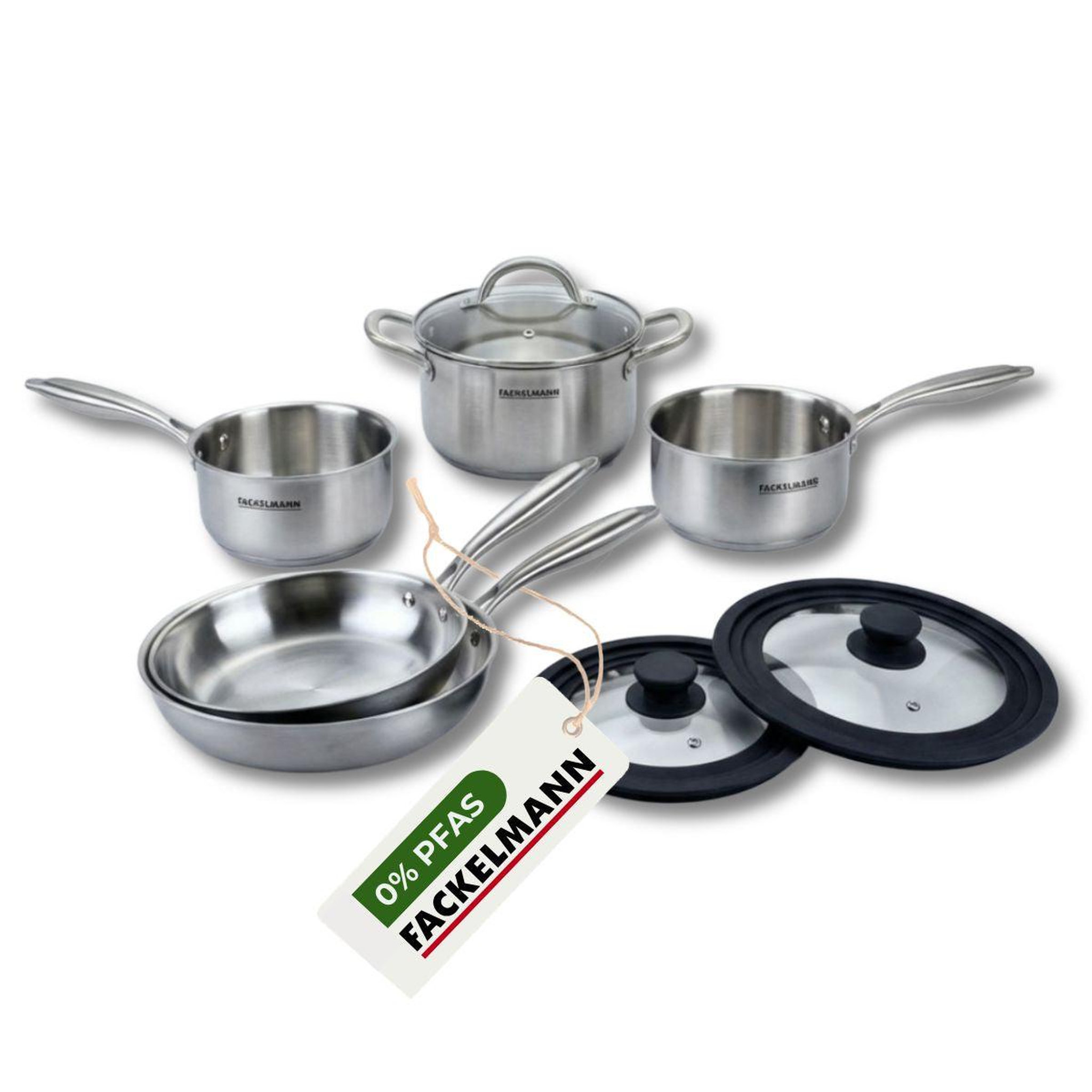 Fackelmann Batterie de cuisine avec 2 casseroles 14/18 cm 1 faitout 20 cm 2 poêles 24/26 cm et 2 ustensiles de cuisine sans PFAS Fackelmann Vita3