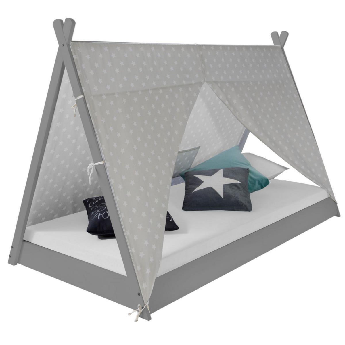 HomeStyle4U Lit Tipi Enfant 90x200 Tissu gris étoilé