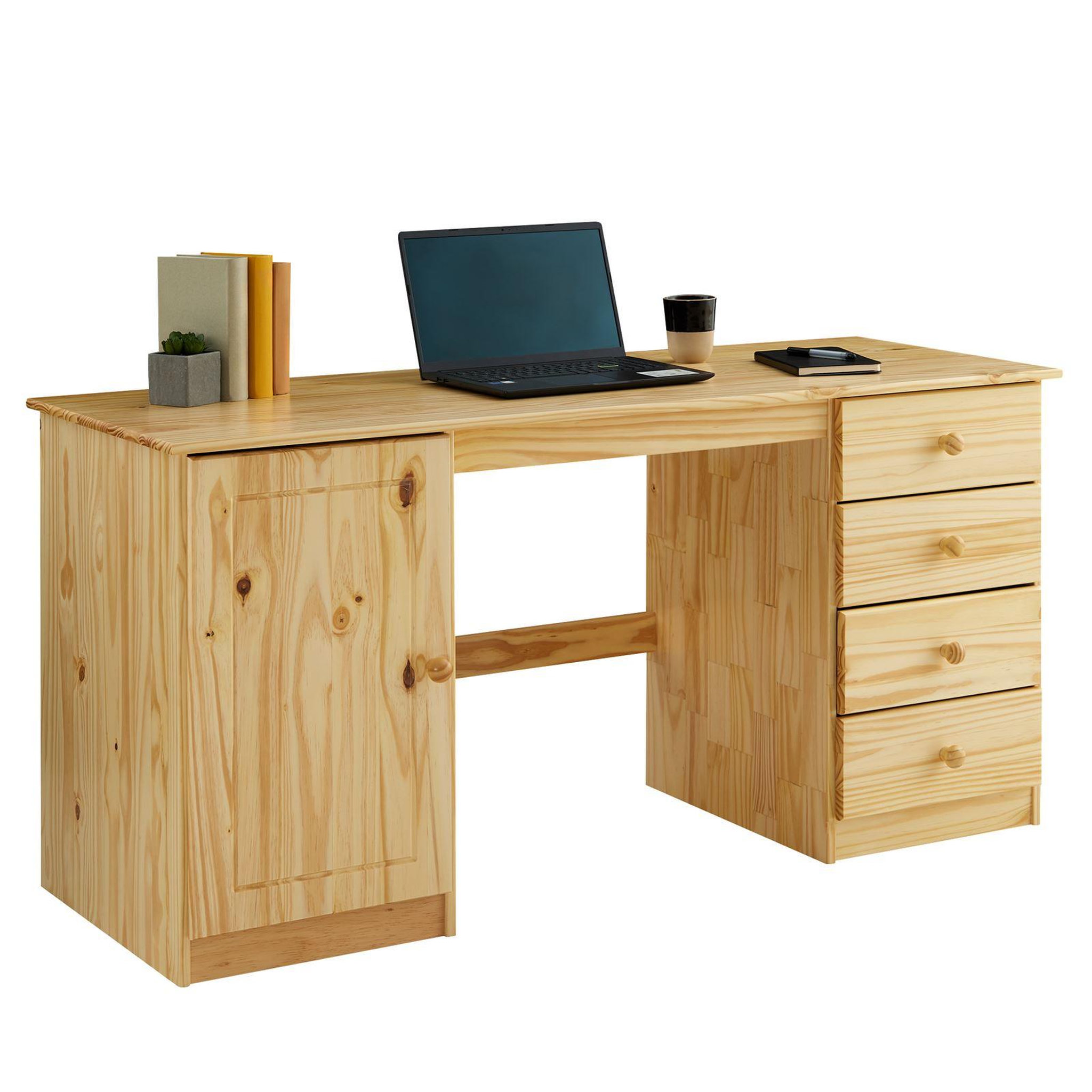 Voir la diapositive 1 : IDIMEX Bureau multi rangements MANAGER avec 4 tiroirs et 1 portes, en pin massif au vernis naturel