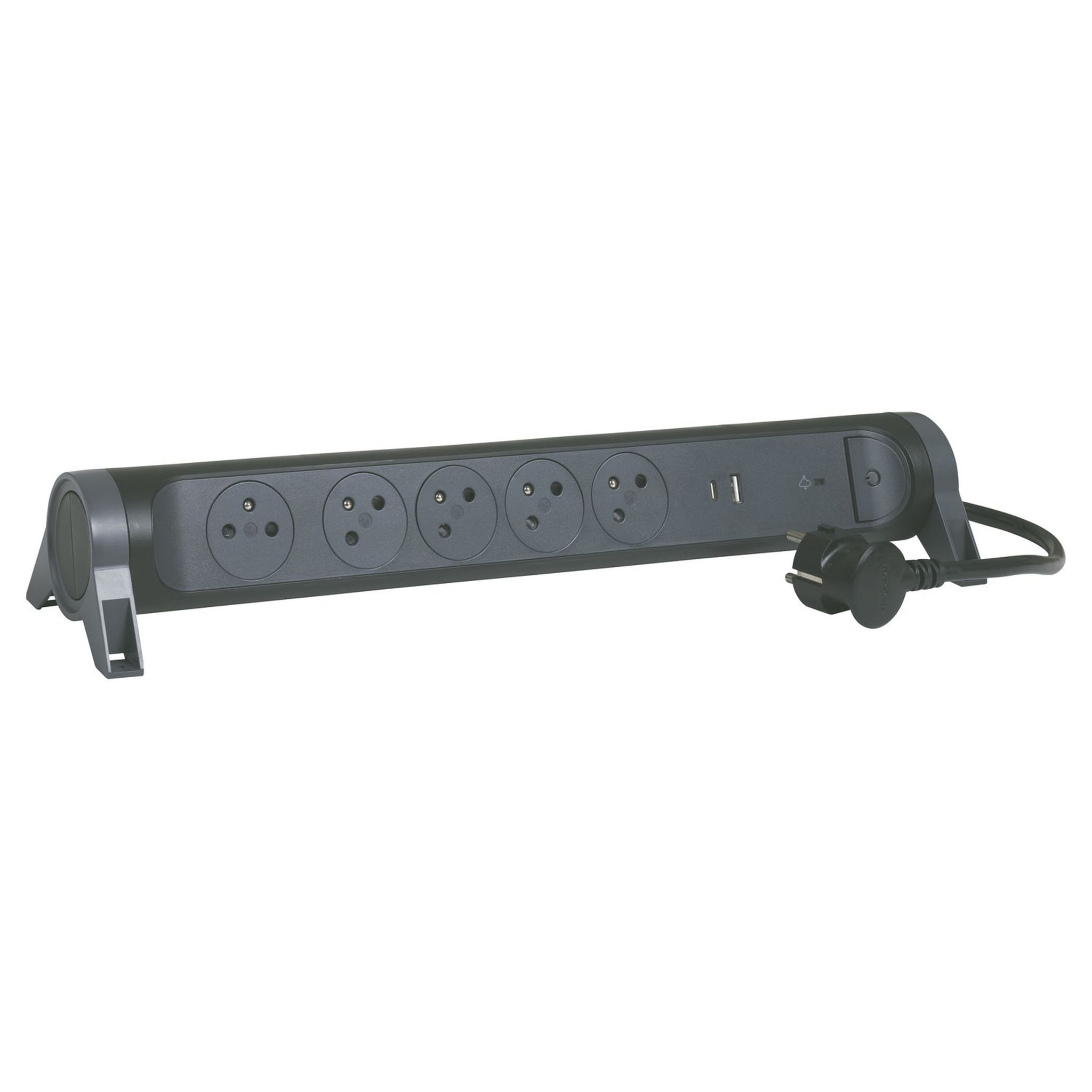 Voir la diapositive 2 : Trefiliaction  Rallonge 5x2P+T Surface - inter, cordon 1,5m, parafoudre et USB A+C- noir/gris