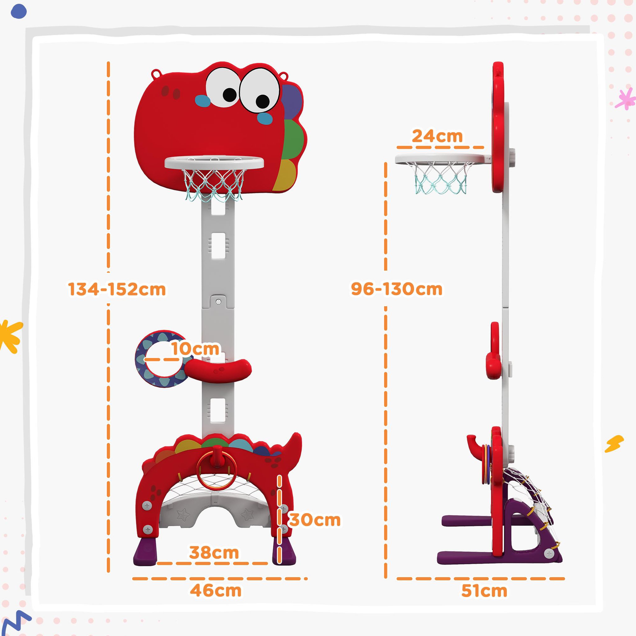 Voir la diapositive 3 : HOMCOM Panier de basket enfant multifonction design dino 3-6 ans - but, golf, 2 jeux de lancer - hauteur réglable - hdpe gris rouge