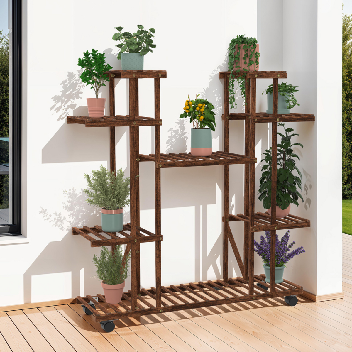 ID MARKET Etagère à pots de fleurs porte plante en bois 8 niveaux à roulettes