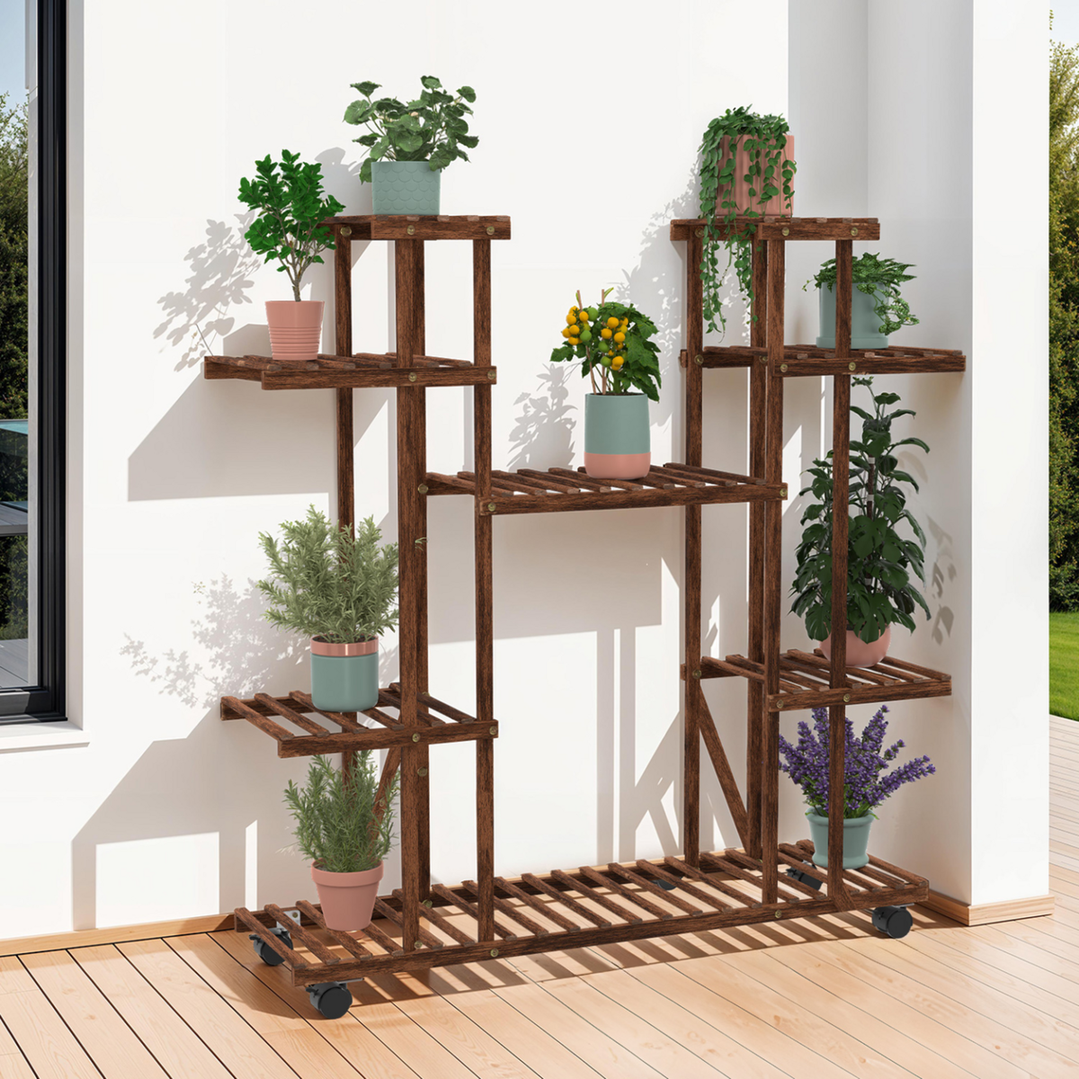 ID MARKET Etagère à pots de fleurs porte plante en bois 8 niveaux à roulettes