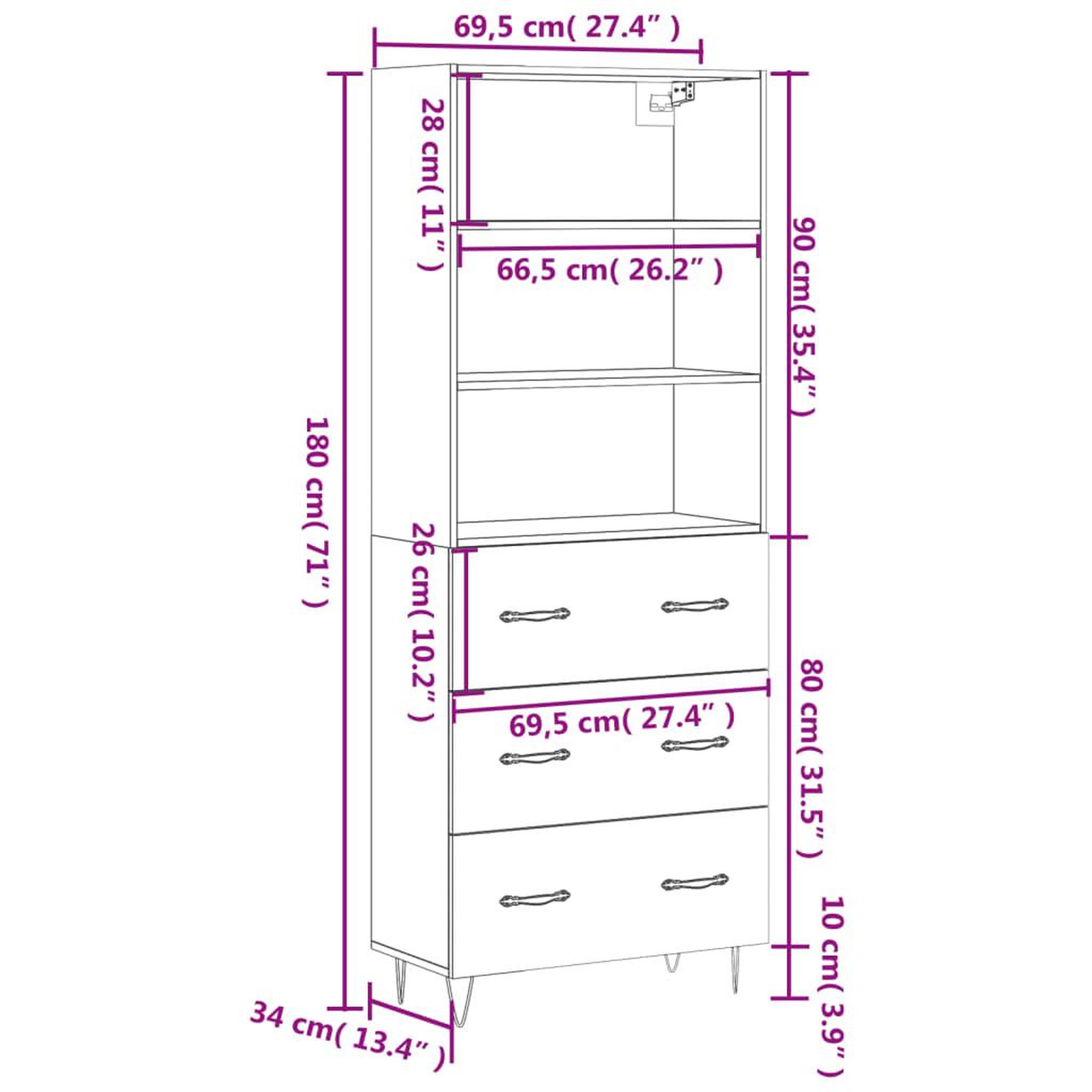 Voir la diapositive 6 : VIDAXL Buffet haut Blanc 69,5x34x180 cm Bois d'ingenierie