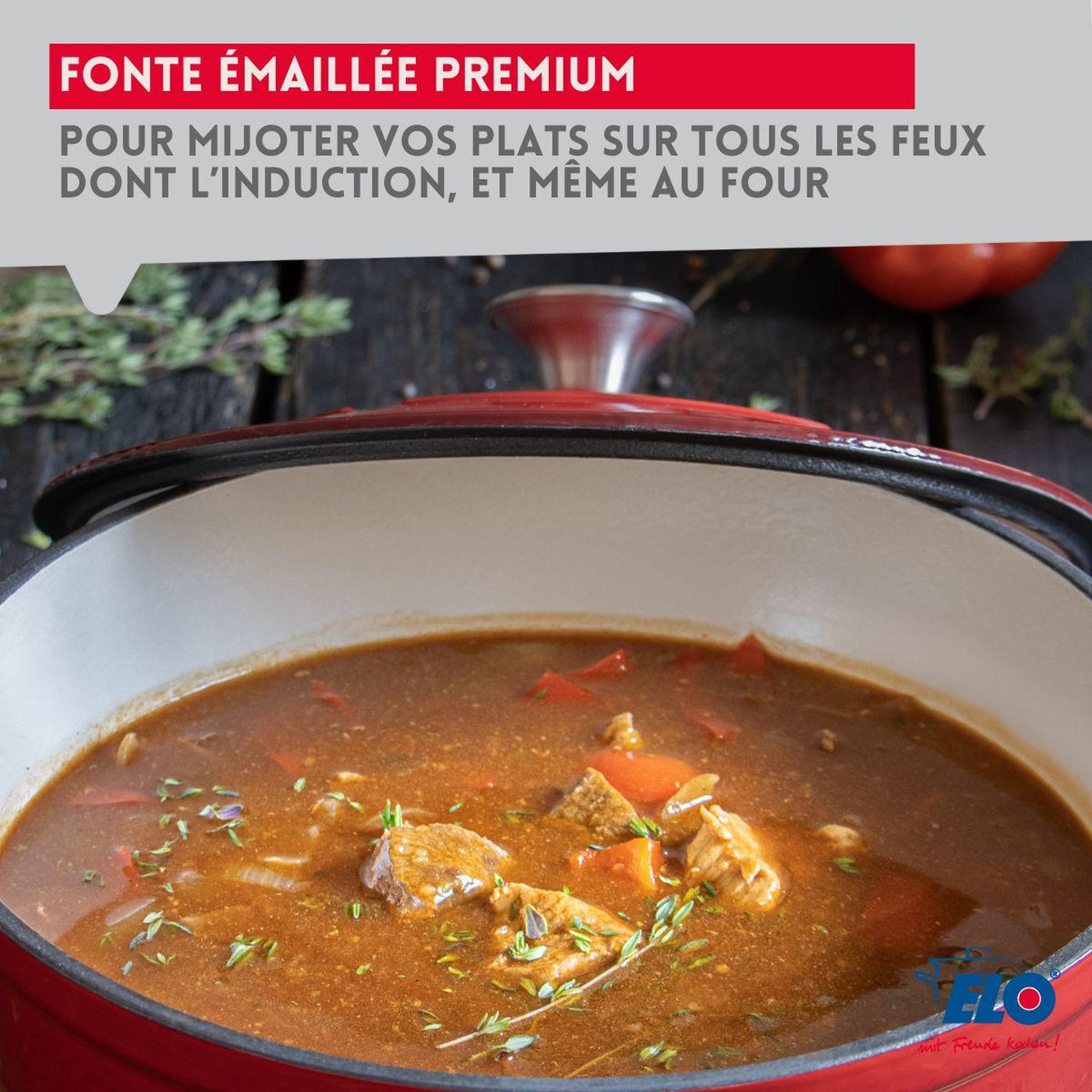Voir la diapositive 4 : ELO Cocotte ovale en fonte émaillée 33 cm de long rouge cerise 4,9 L Elo