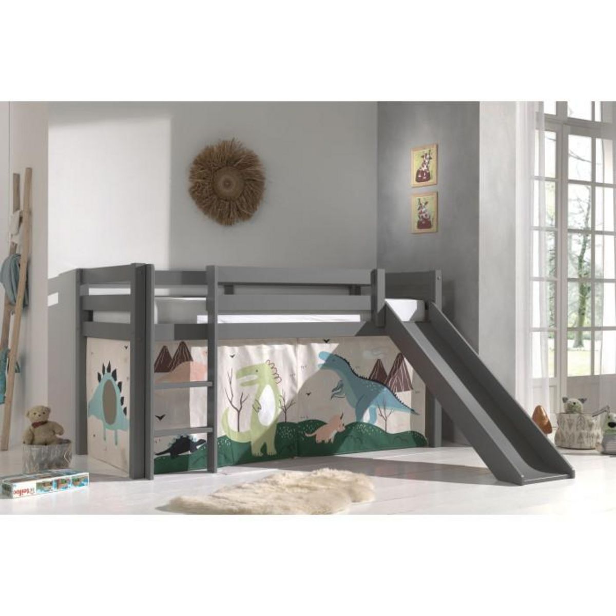 Paris Prix Lit Enfant Surélevé Avec Toboggan  Pino Dino  90x200cm Gris