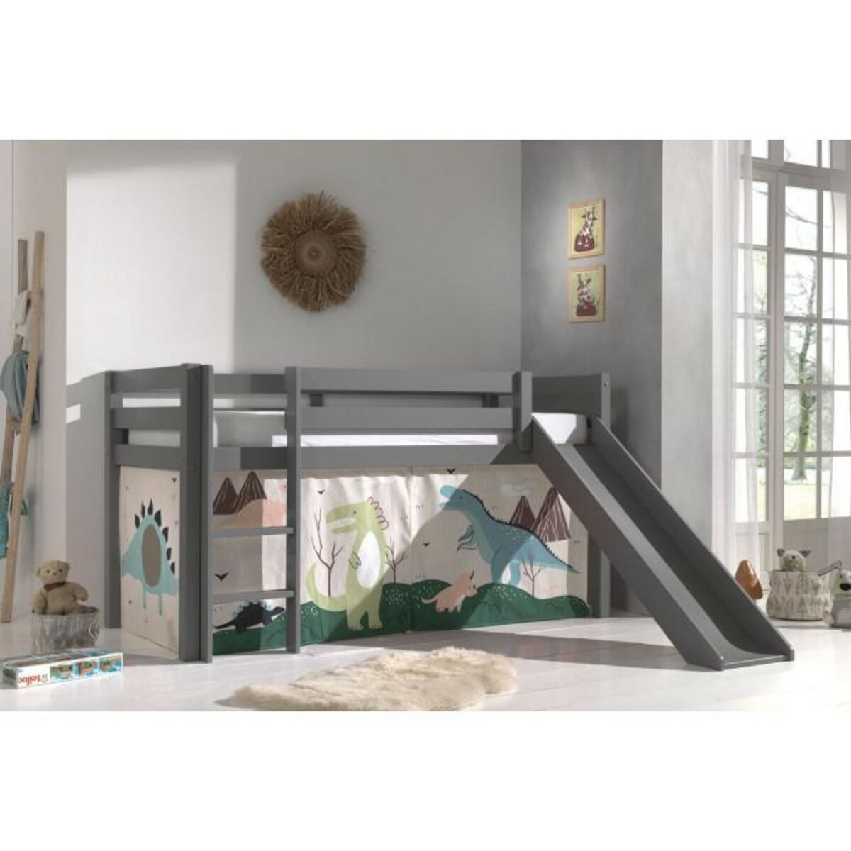 Paris Prix Lit Enfant Surélevé Avec Toboggan  Pino Dino  90x200cm Gris