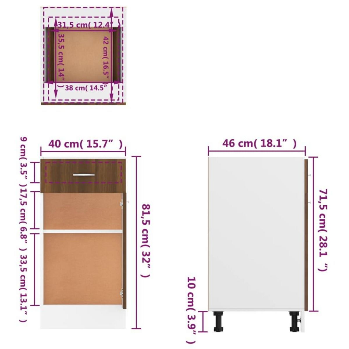 VIDAXL Armoire de plancher a tiroir Chene marron 40x46x81,5 cm