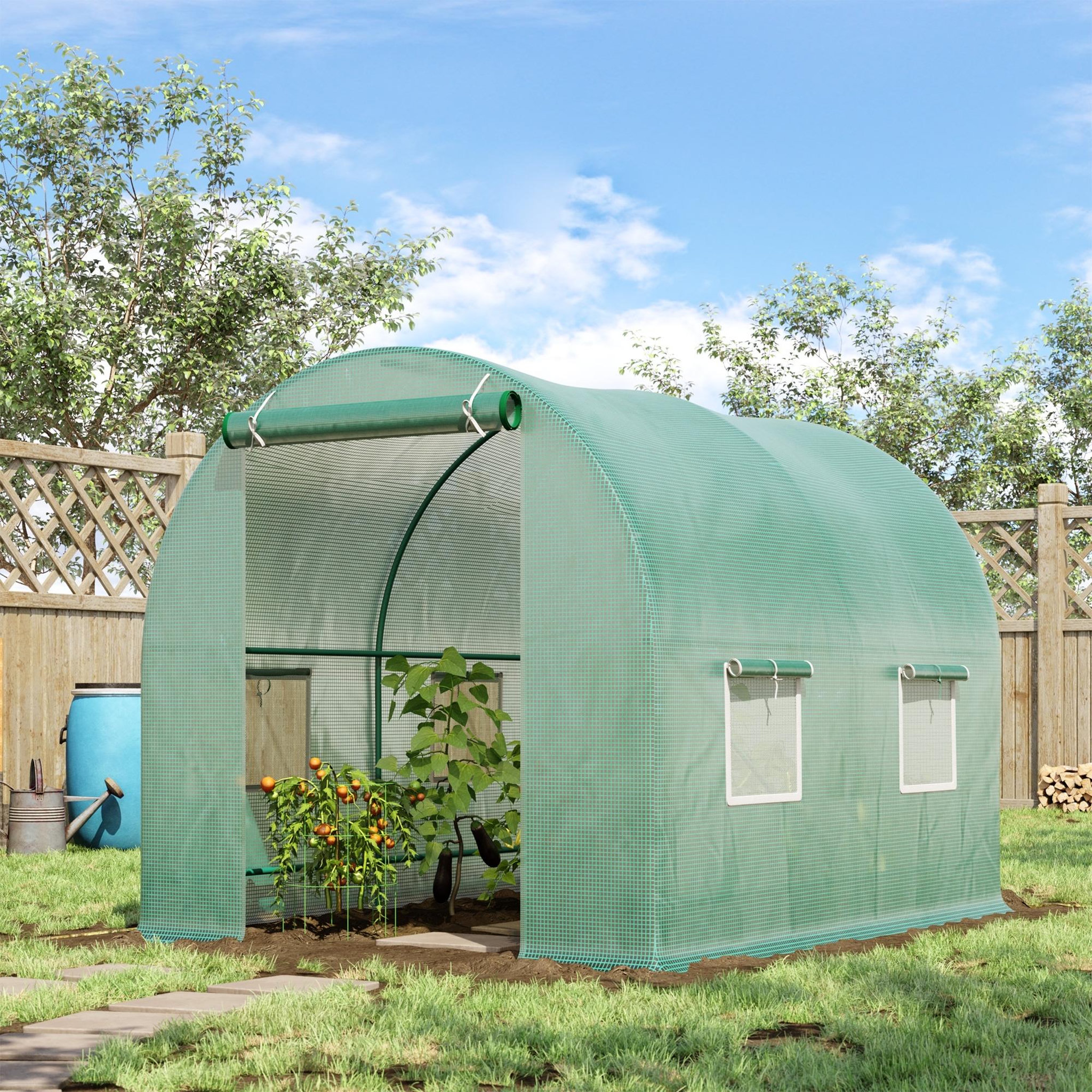 Voir la diapositive 2 : OUTSUNNY Serre de jardin tunnel 5 m² 2,45l x 2l x 1,98h m acier renforcé ø 1,8 cm + pe haute densité 140 g/m² fenêtres porte déroulante vert
