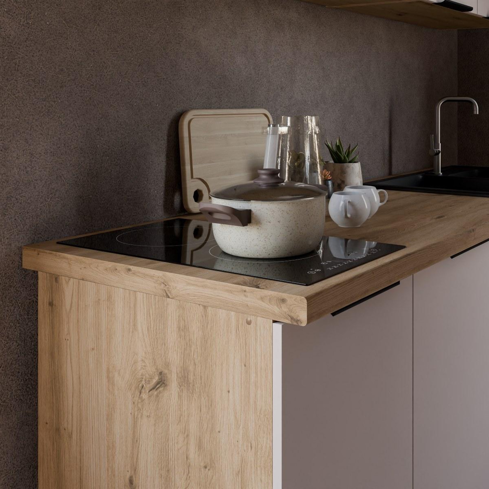 Voir la diapositive 4 : JLC KREATION Cuisine complète moderne beige et bois 180cm ELISA