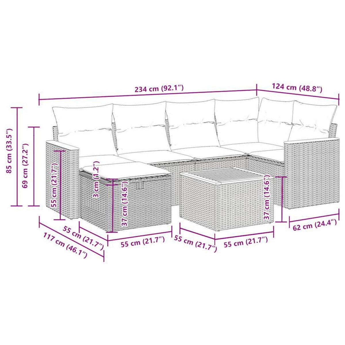VIDAXL Salon de jardin avec coussins 7 pcs beige resine tressee