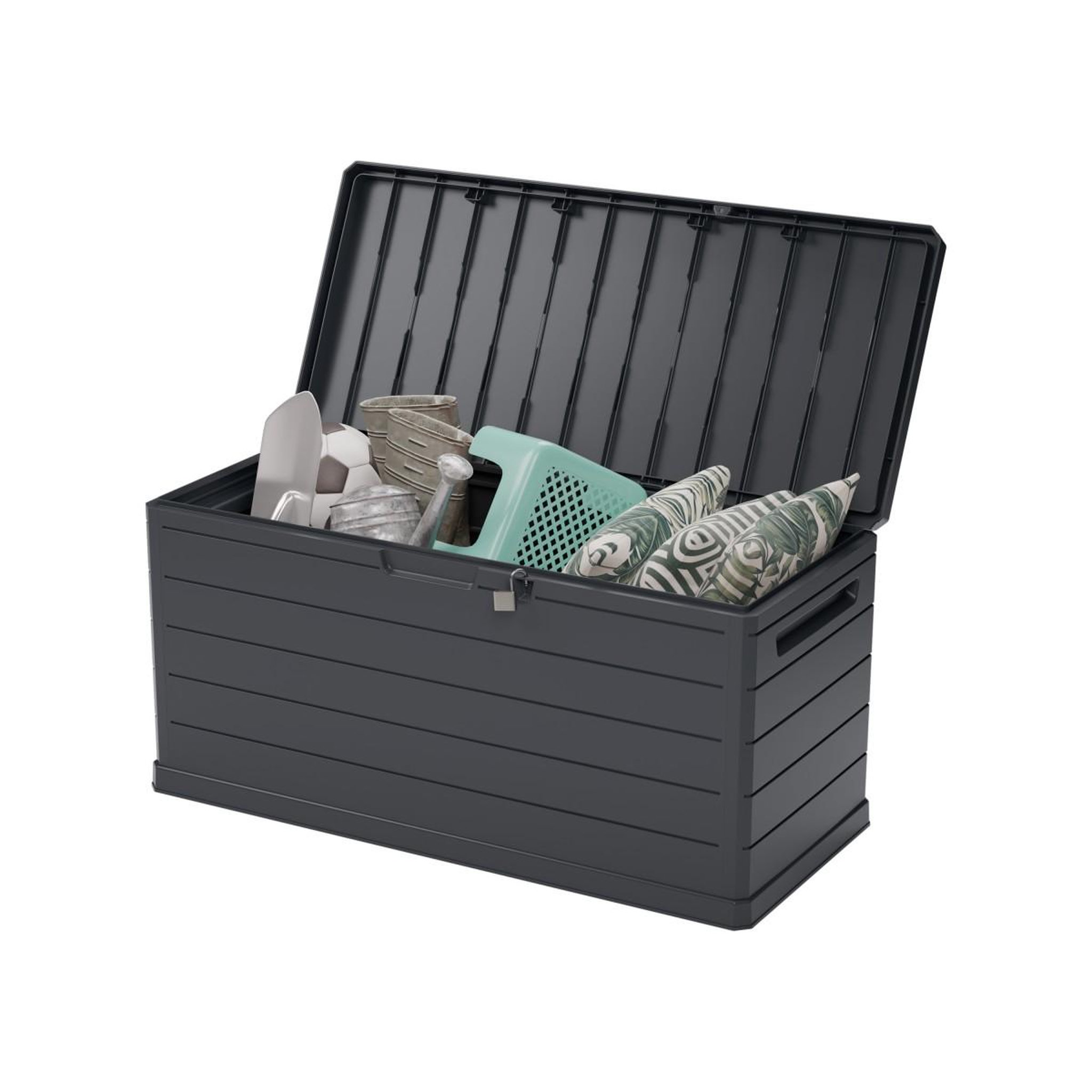 Voir la diapositive 6 : IPAE-PROGARDEN Coffre de rangement extérieur 170l - coffre de jardin anthracite dimensions 78l x 55l x 52h cm - résine - poignées de transport
