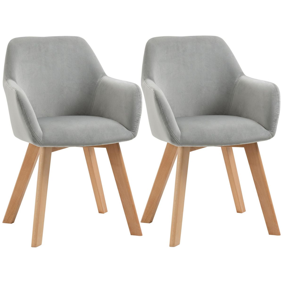 HOMCOM Chaises de visiteur design scandinave - lot de 2 chaises - pieds bois hévéa - assise dossier accoudoirs velours gris