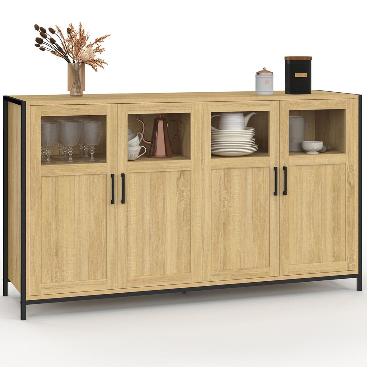 ID MARKET Buffet 140 cm DETROIT 4 portes avec vitrines design industriel