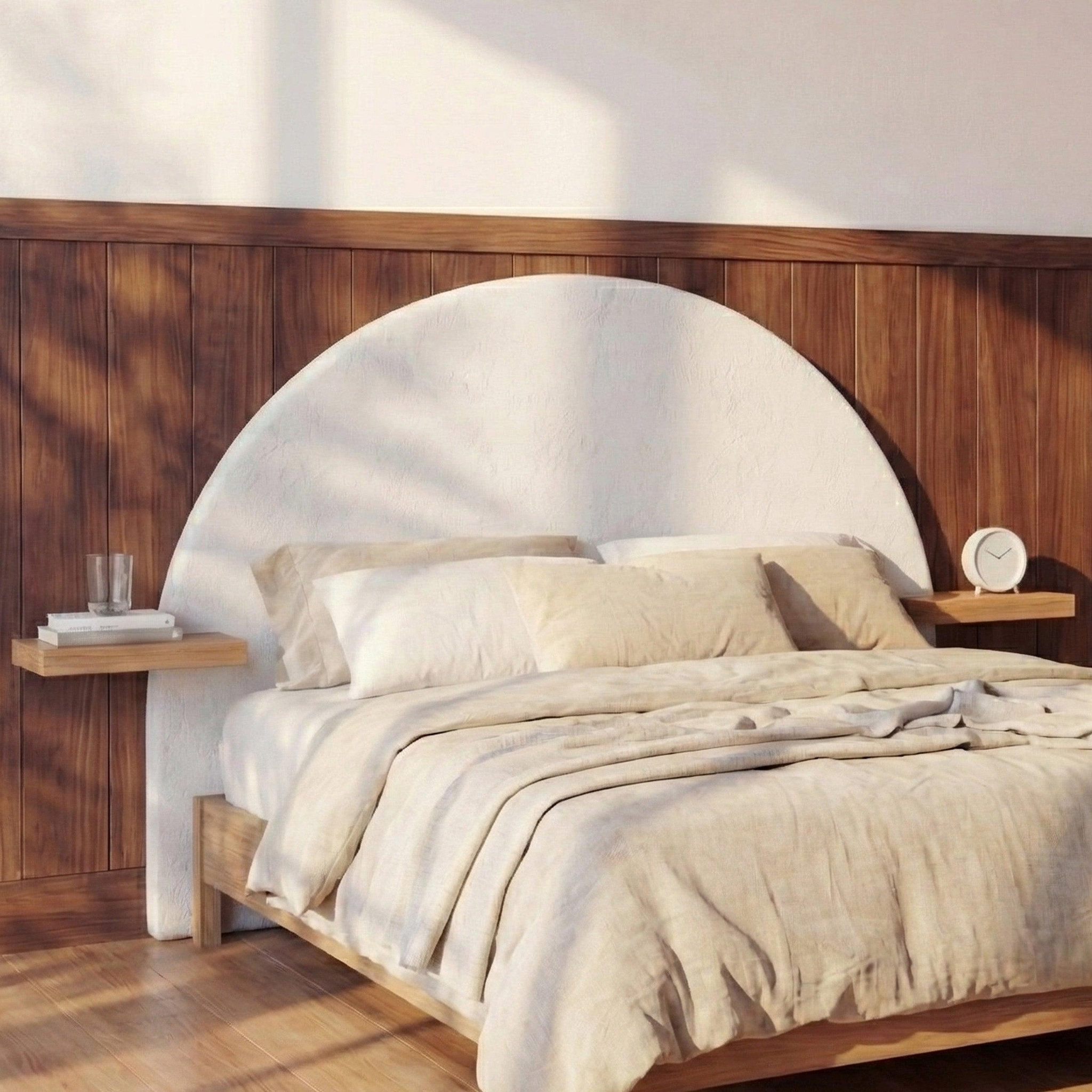 Voir la diapositive 2 : MAISON PAVANE Tête de lit en plâtre blanc cassé et bois d'acacia 175 cm-fira