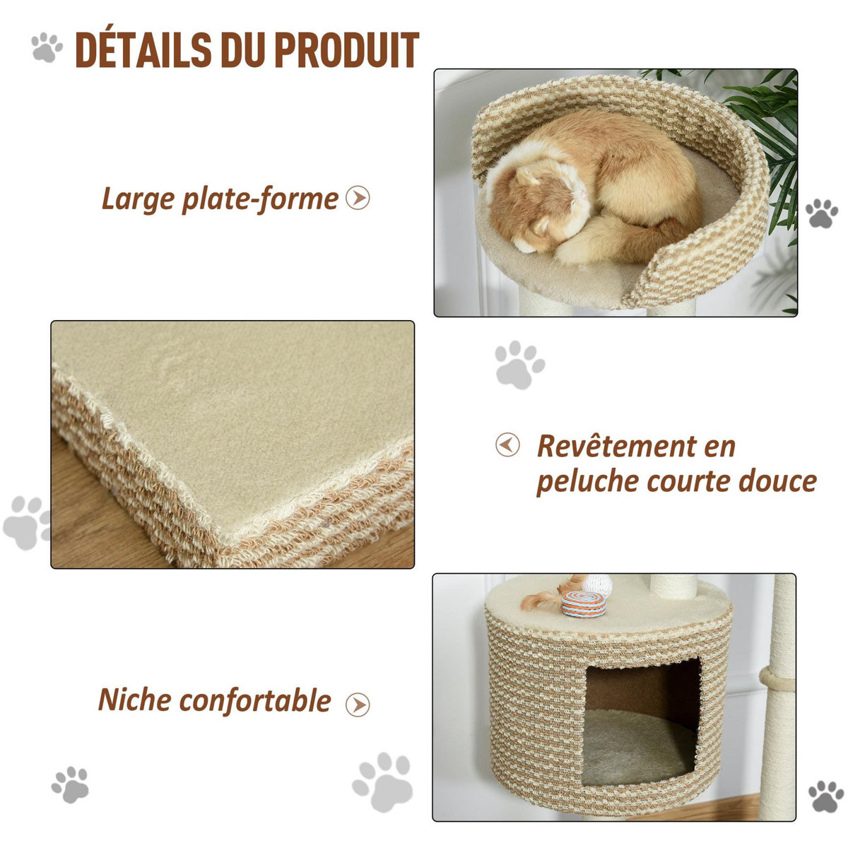 PAWHUT Arbre à chats style cosy chic griffoirs jute naturelle niche plateforme peluche courte bicolore beige café