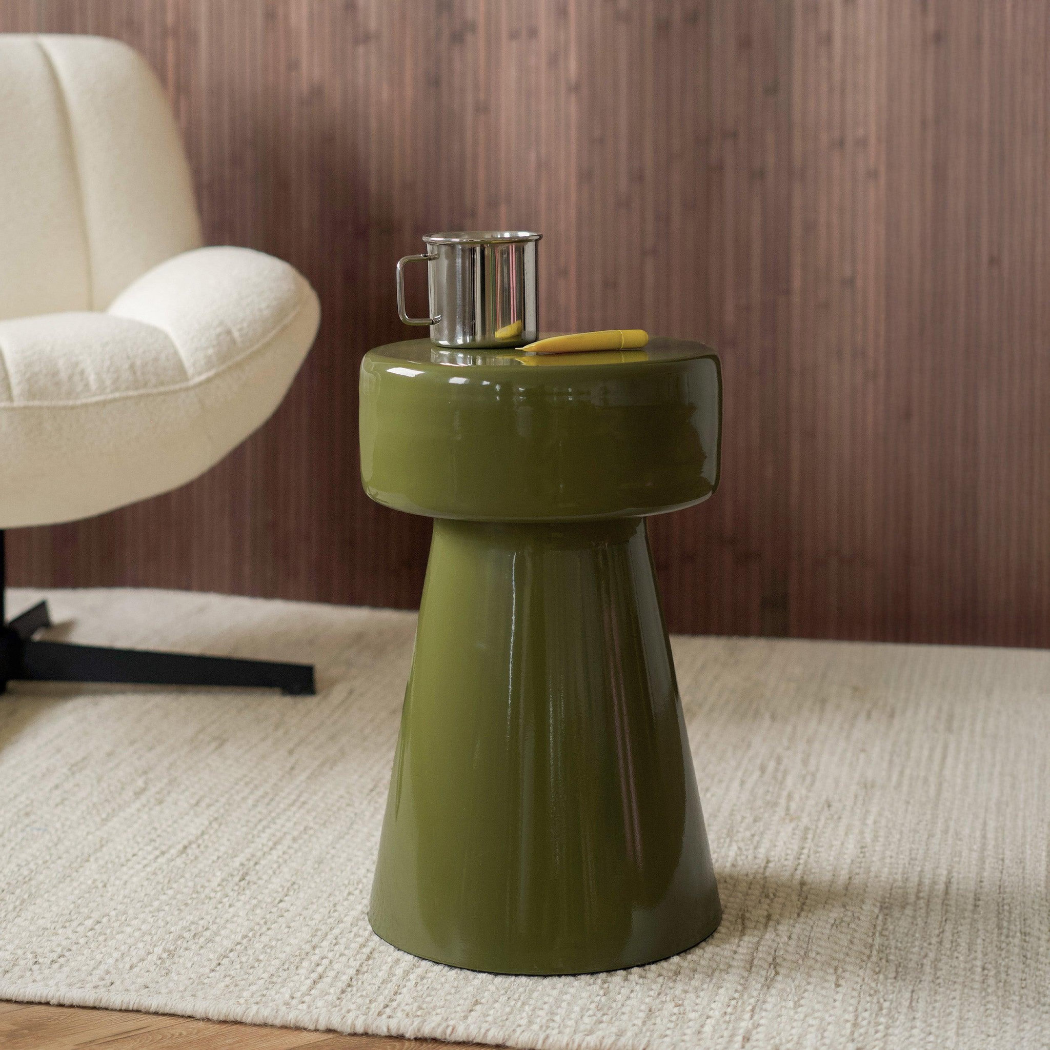 Voir la diapositive 2 : MAISON PAVANE Table d'appoint ronde en métal vert kaki D30 cm-Athéna