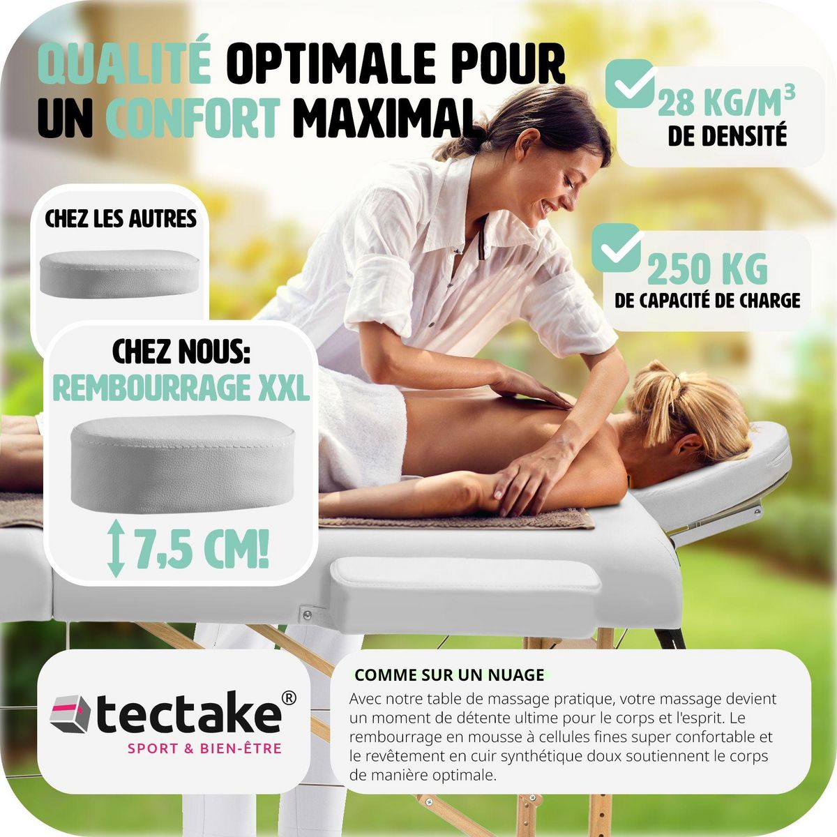tectake Ensemble de table de massage à 3 zones Somwang avec rembourrage de 7,5 cm d'épaisseur, rouleaux et cadre en bois