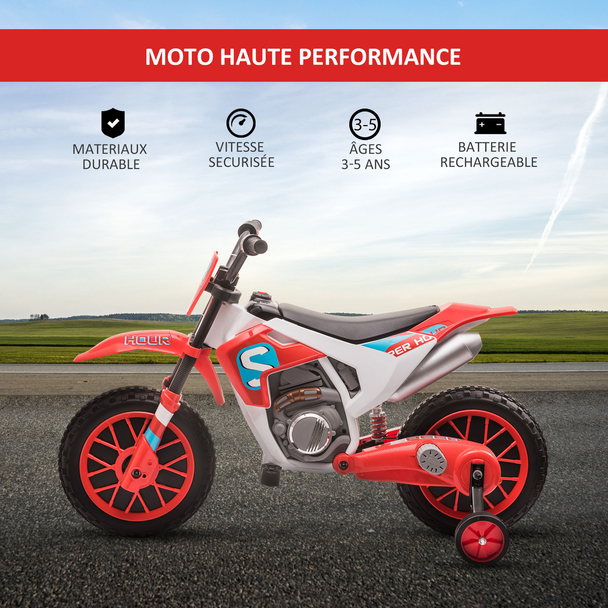 Voir la diapositive 4 : HOMCOM Moto cross électrique enfant 3 à 5 ans 12 V 3-8 Km/h  avec roulettes latérales amovibles dim. 106,5L x 51,5l x 68H cm rouge