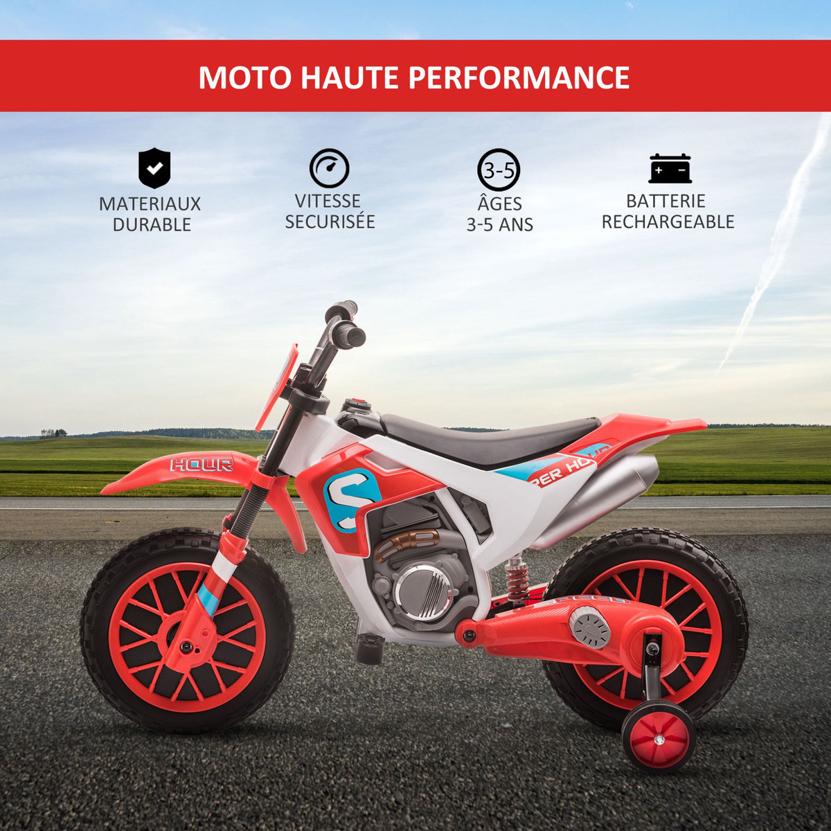HOMCOM Moto cross électrique enfant 3 à 5 ans 12 V 3-8 Km/h  avec roulettes latérales amovibles dim. 106,5L x 51,5l x 68H cm rouge