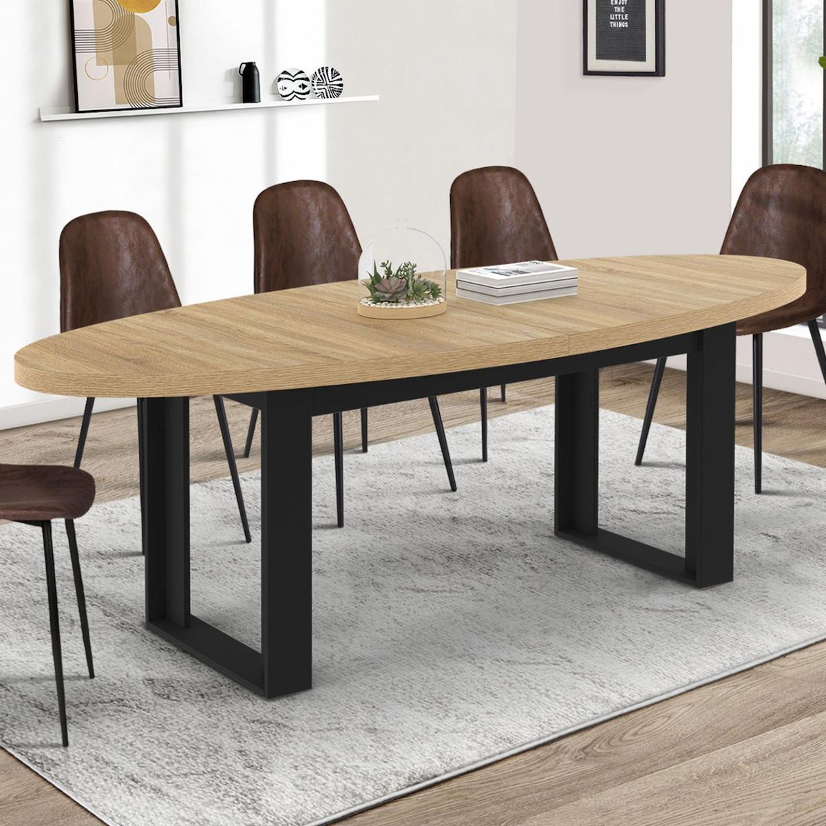 ID MARKET Table à manger PHOENIX 8 personnes ovale 200 cm bois et noir