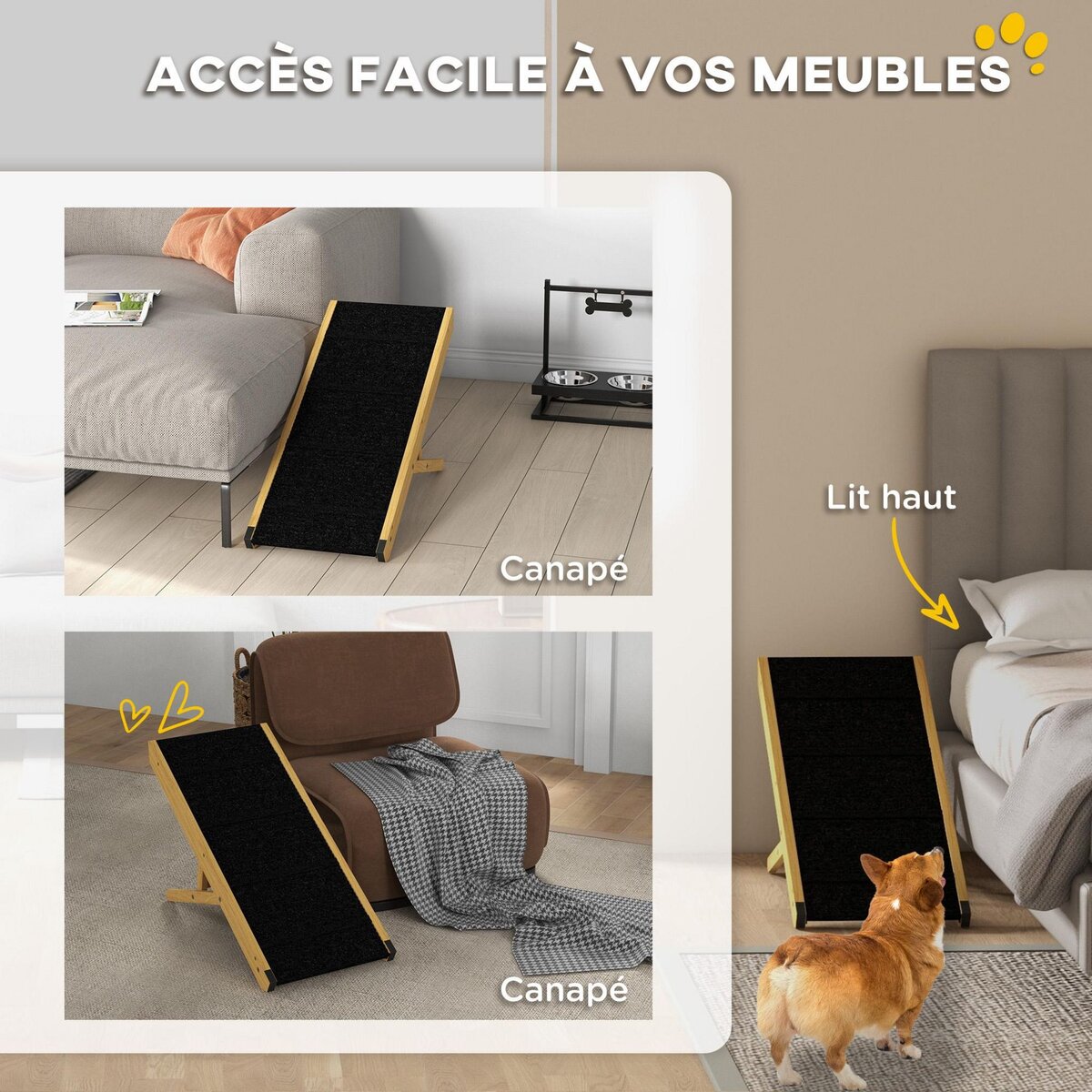 PAWHUT Rampe pour chien et chat - escalier pour chien pliable réglable en hauteur 24-47,5 cm - bois polyester noir