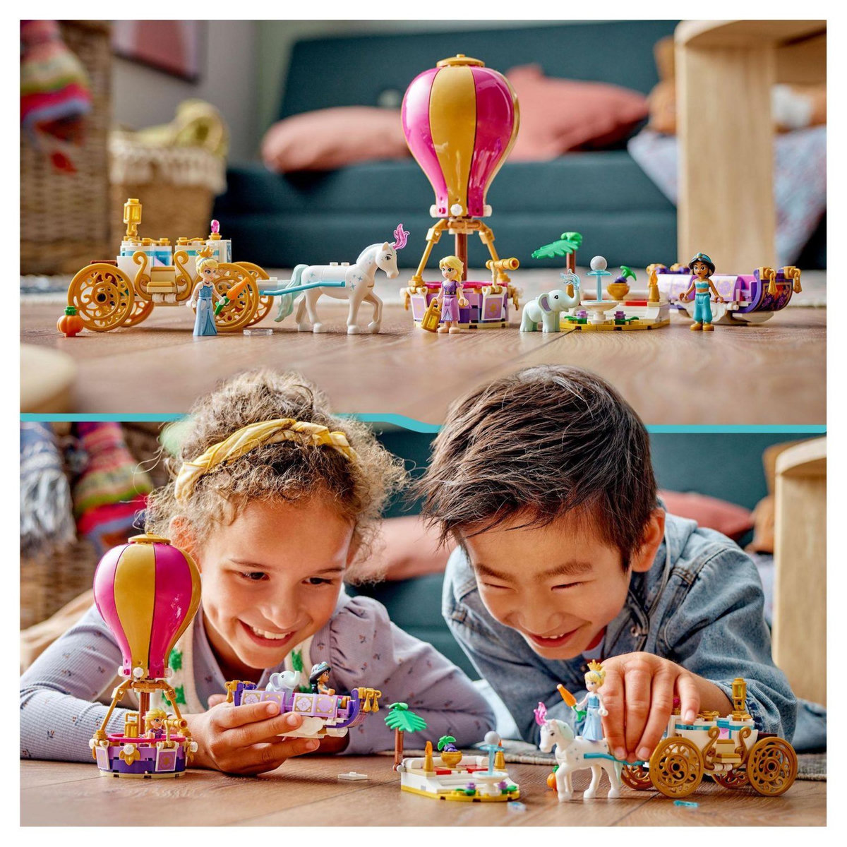 LEGO Disney Princess 43216 Le voyage enchanté des princesses, Jouet avec Mini-Poupées Cendrillon, Jasmine, Raiponce avec Cheval, Tapis volant