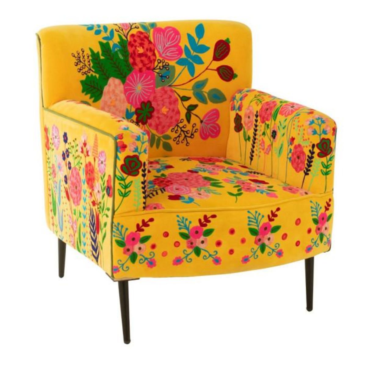 Paris Prix Fauteuil en Velours Brodé  Fleurs  84cm Jaune