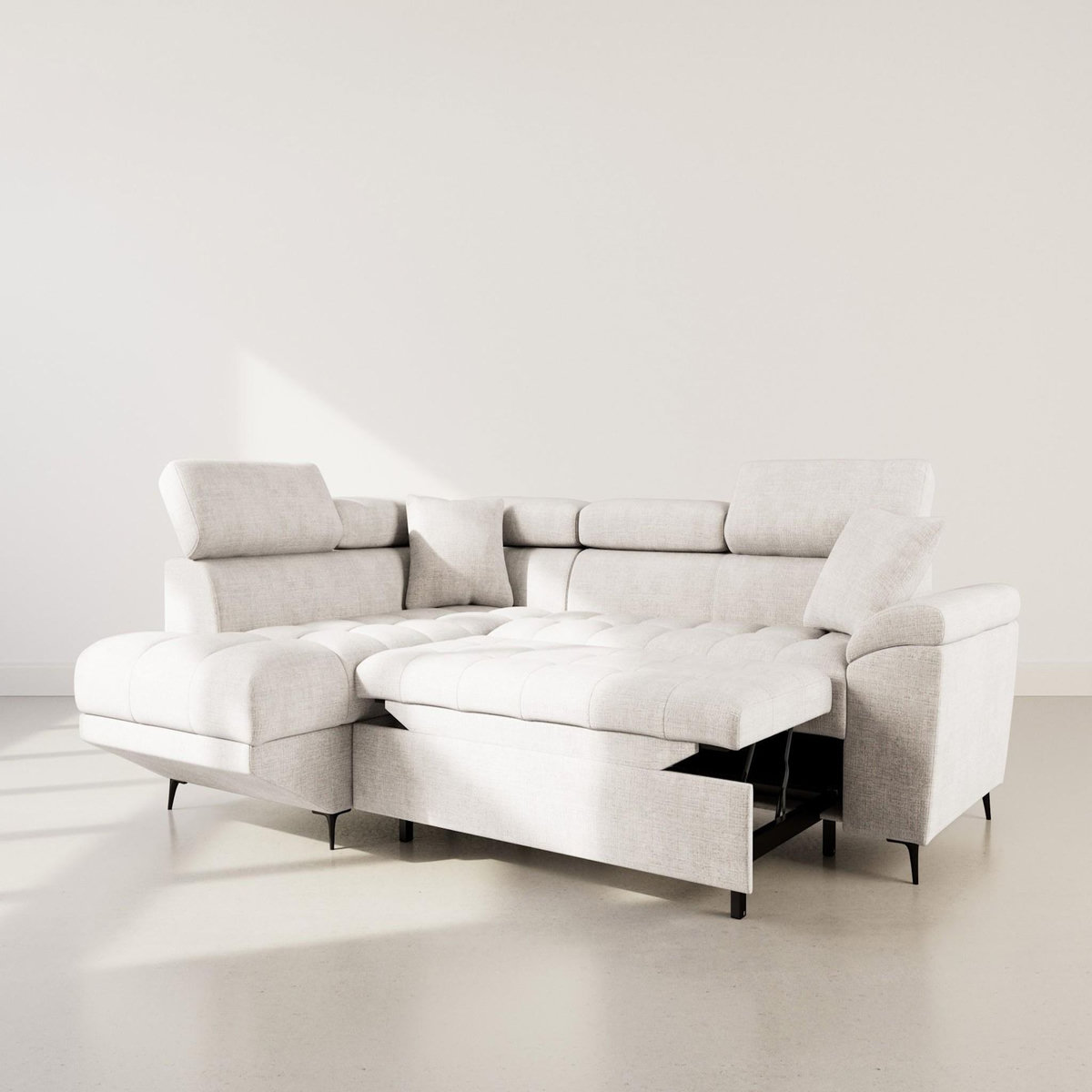 BEST MOBILIER Camille - canapé d'angle gauche 5 places convertible avec têtières et coffre en velours texturé