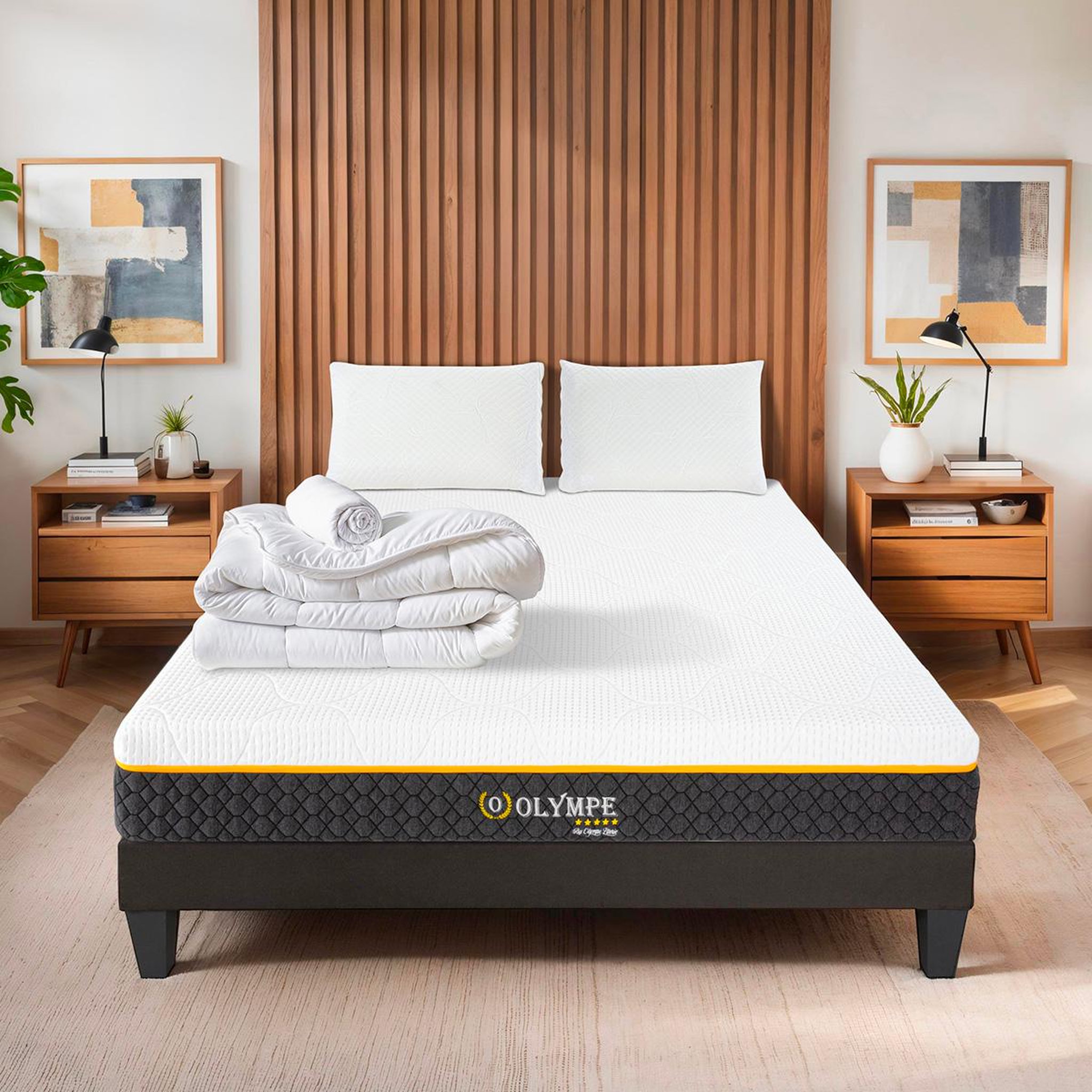 Voir la diapositive 2 : OLYMPE LITERIE Olympe literie | pack prêt à dormir olympe | matelas mémoire de forme + sommier + accessoires