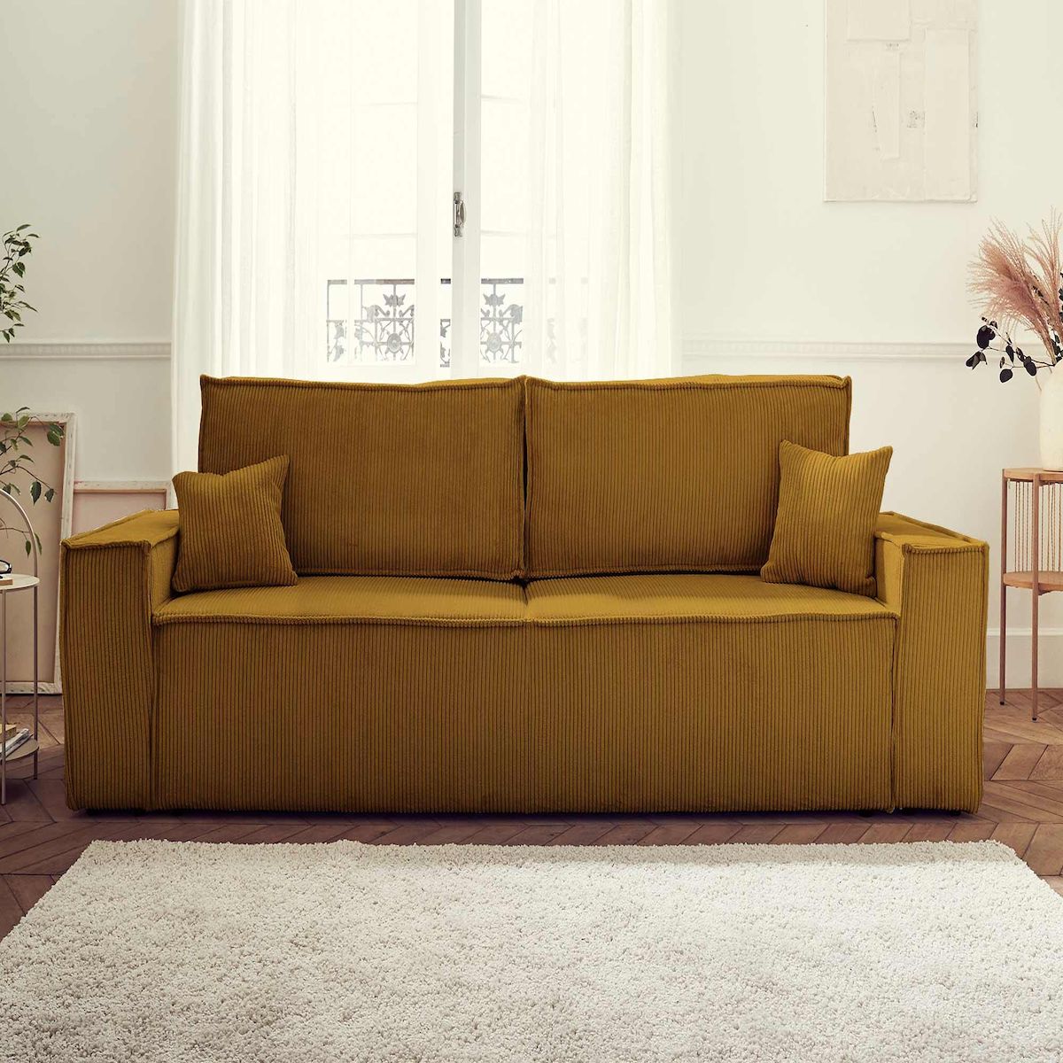 BEST MOBILIER Dellia - canapé 3 places convertible - avec coffre - en velours côtelé - style contemporain