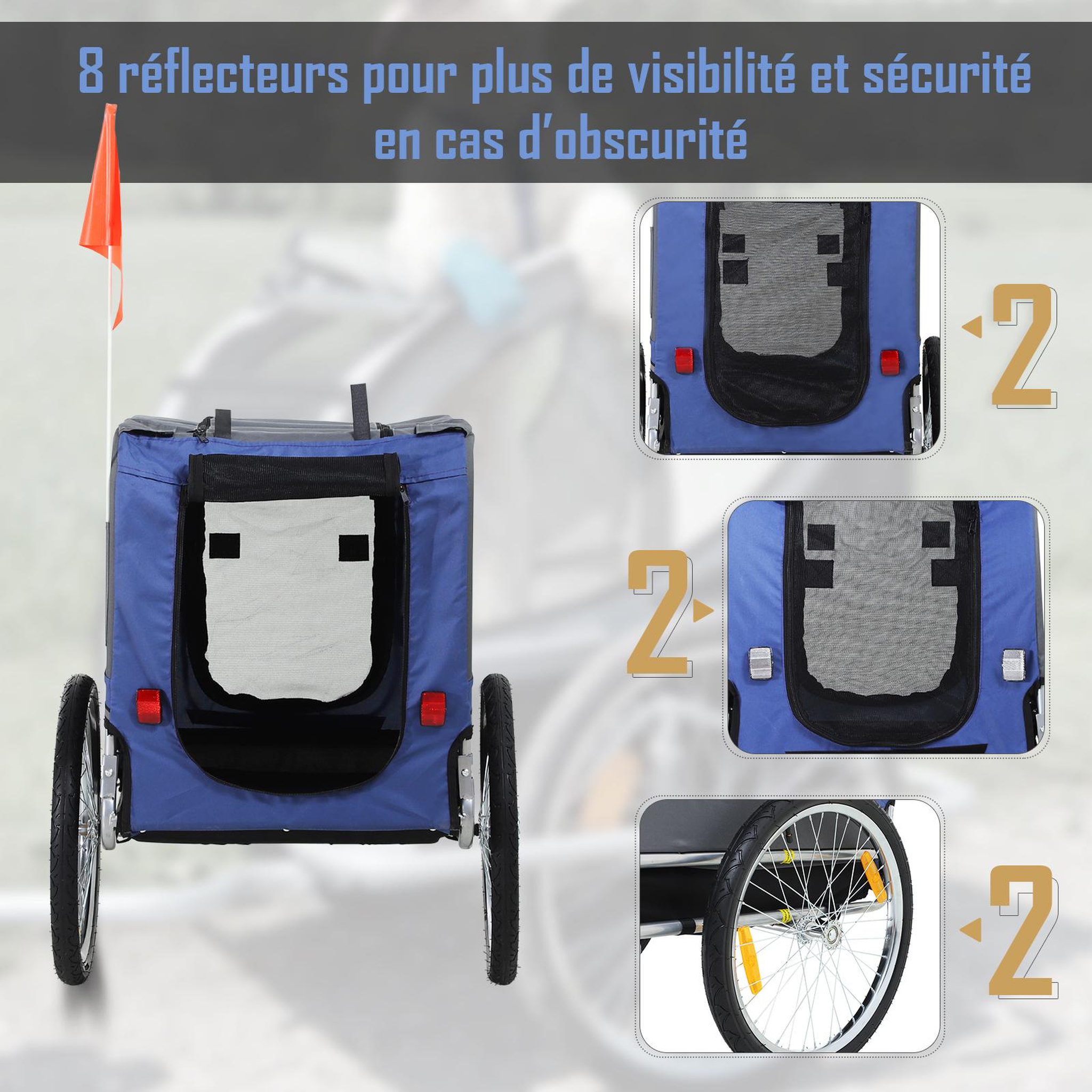 Voir la diapositive 5 : PAWHUT Remorque vélo pour chien animaux pliable 8 réflecteurs drapeau barre attelage inclus acier polyester imperméable max. 30 kg 130l x 73l x 90h cm bleu