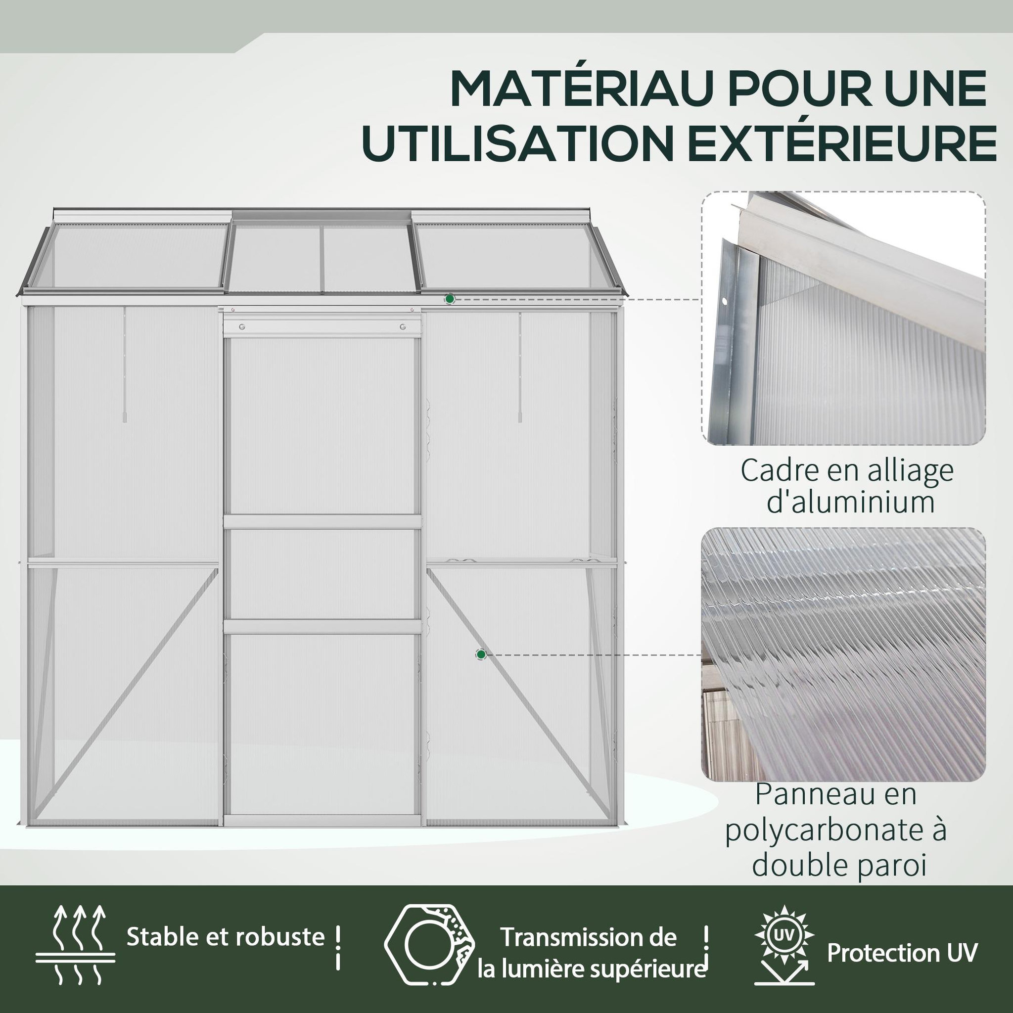 Voir la diapositive 4 : OUTSUNNY Serre adossée de jardin - 2 lucarnes, 2 portes coulissantes - 190 x 70 x 200 cm - alu polycarbonate transparent