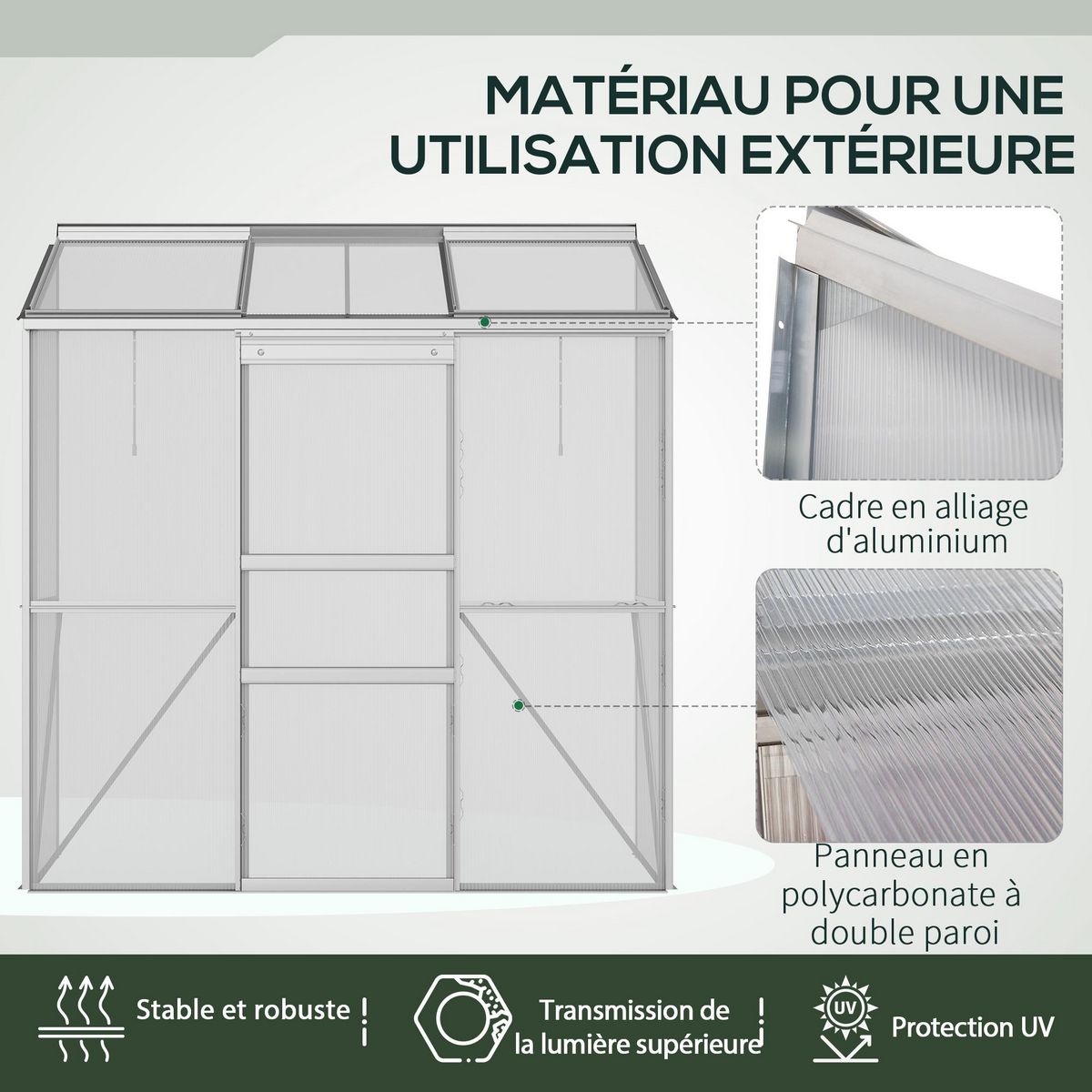OUTSUNNY Serre adossée de jardin - 2 lucarnes, 2 portes coulissantes - 190 x 70 x 200 cm - alu polycarbonate transparent