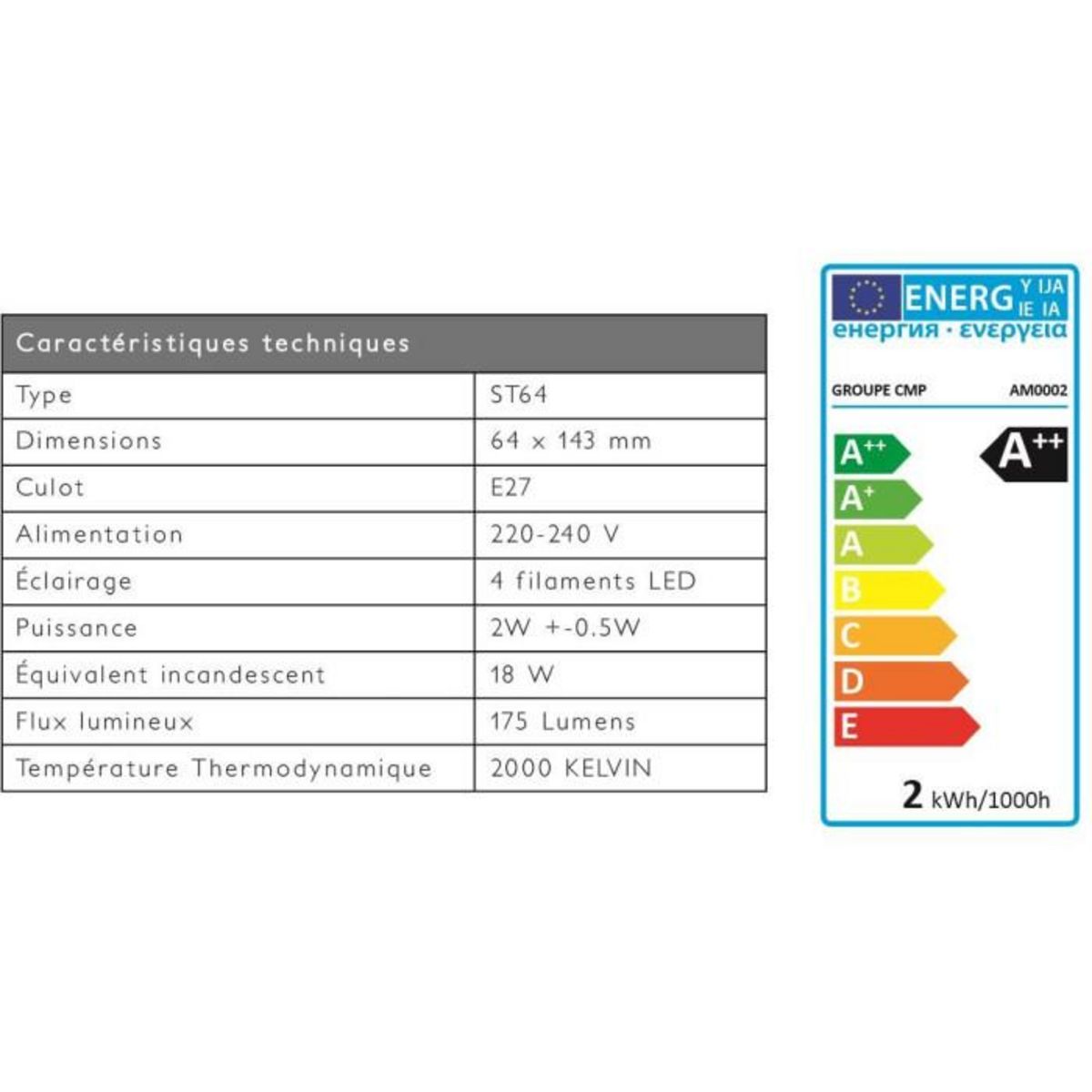 Paris Prix Ampoule ST64 Filaments LED  Droit  2W Ambre