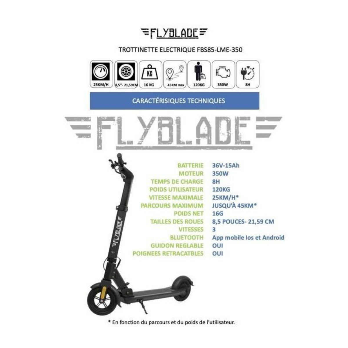 FLYBLADE Trottinette électrique - FLYBLADE - Batterie 36V-15Ah - Moteur 350 W - Roues 8,5 pouces - Max 120kg