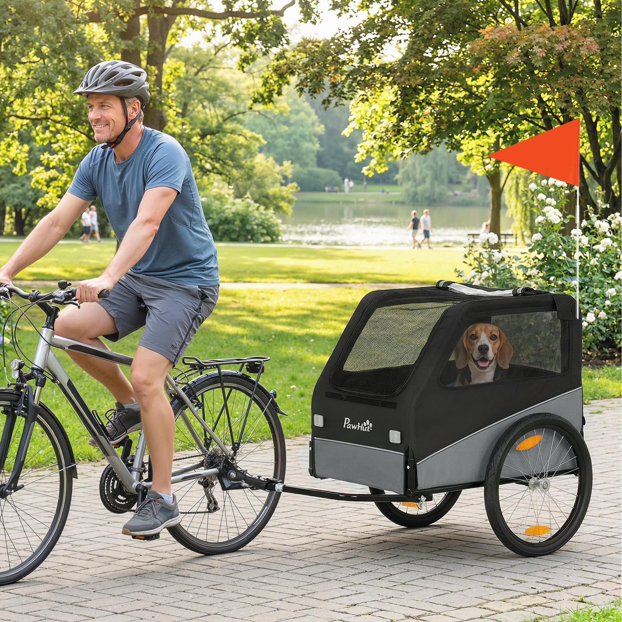 Voir la diapositive 2 : PAWHUT Remorque vélo chien pliable attache universelle pneus 20  réflecteurs drapeau harnais gris