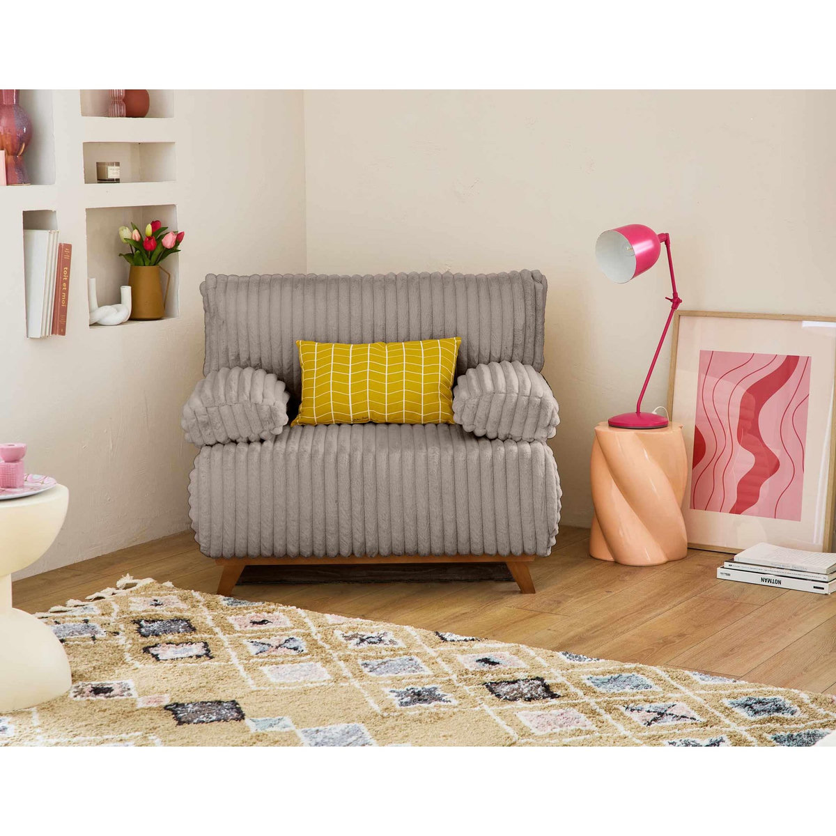 BEST MOBILIER Cristal - fauteuil - convertible avec coffre - en fausse fourrure côtelée