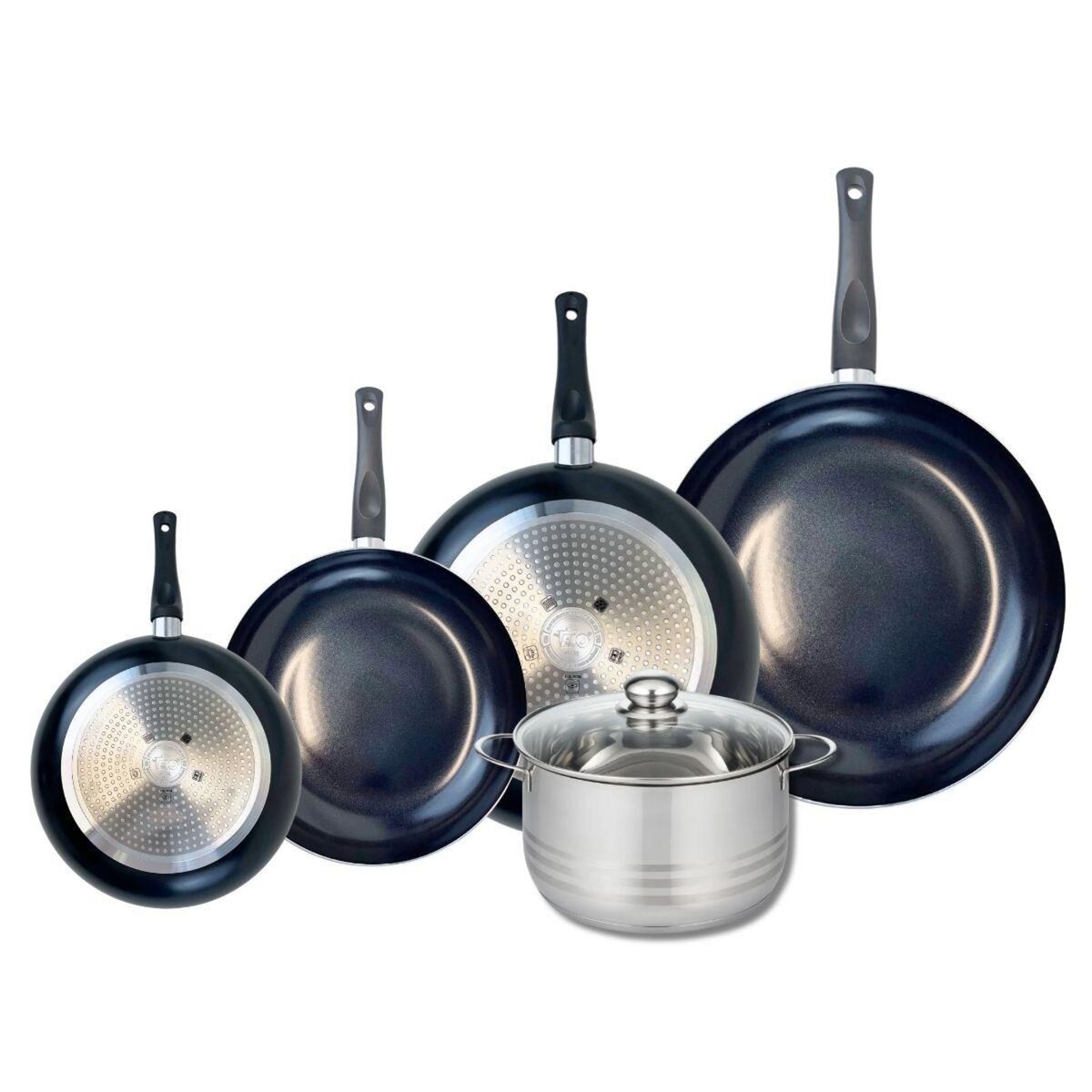 ELO Ensemble de 4 Poêles de cuisson 20, 24, 28 et 32 cm et 1 faitout 20 cm Elo Prima Brillant