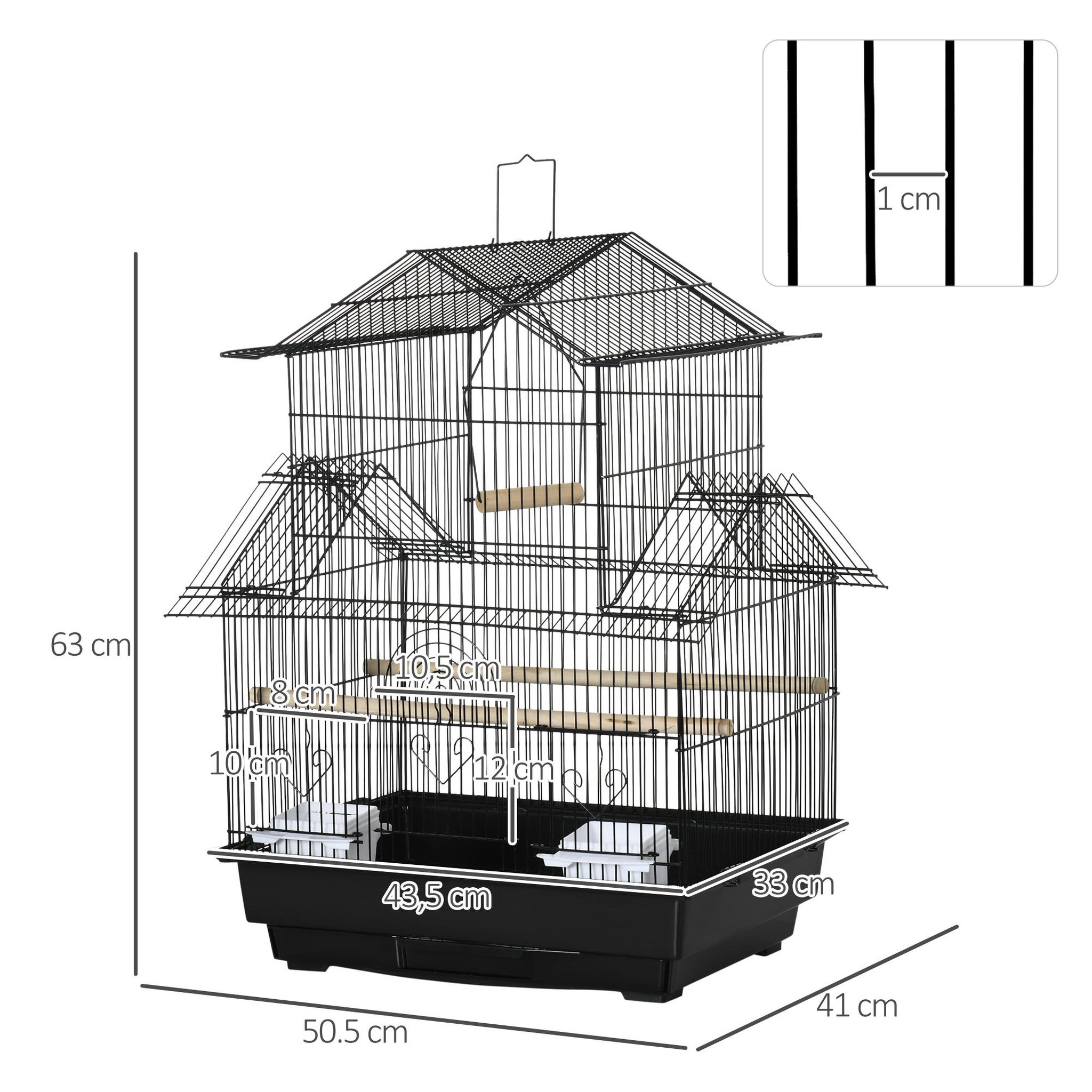 Voir la diapositive 3 : PAWHUT Cage à oiseaux design maison perchoirs mangeoires balançoire 3 portes plateau excrément amovible + poignée transport métal noir