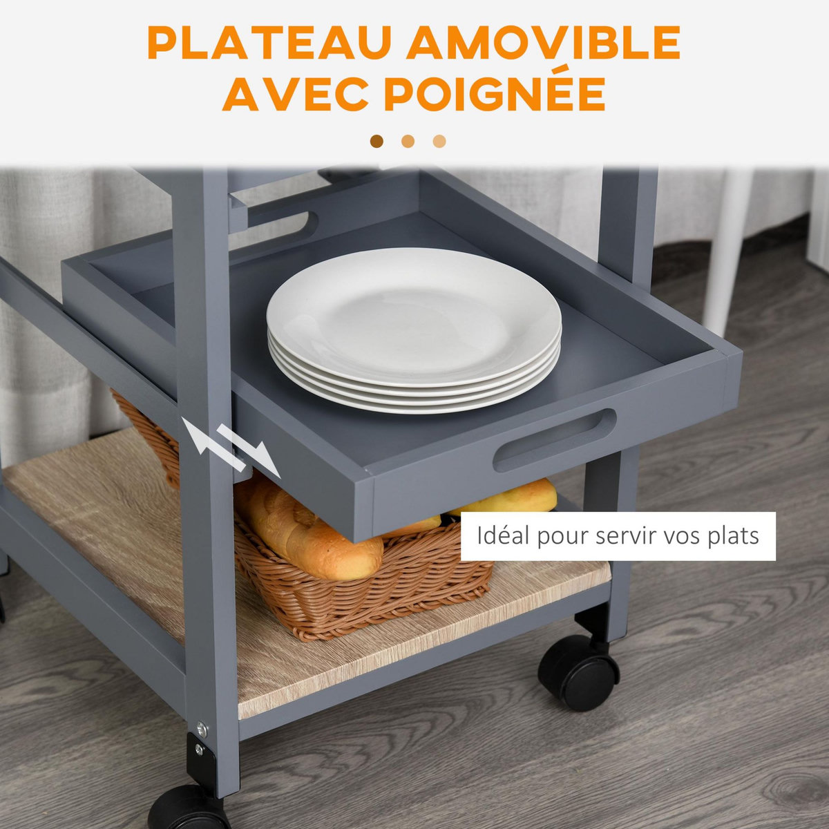 HOMCOM Chariot de service desserte de cuisine à roulettes panier + 2 plateaux amovibles, tiroir, étagère MDF chêne clair bois pin