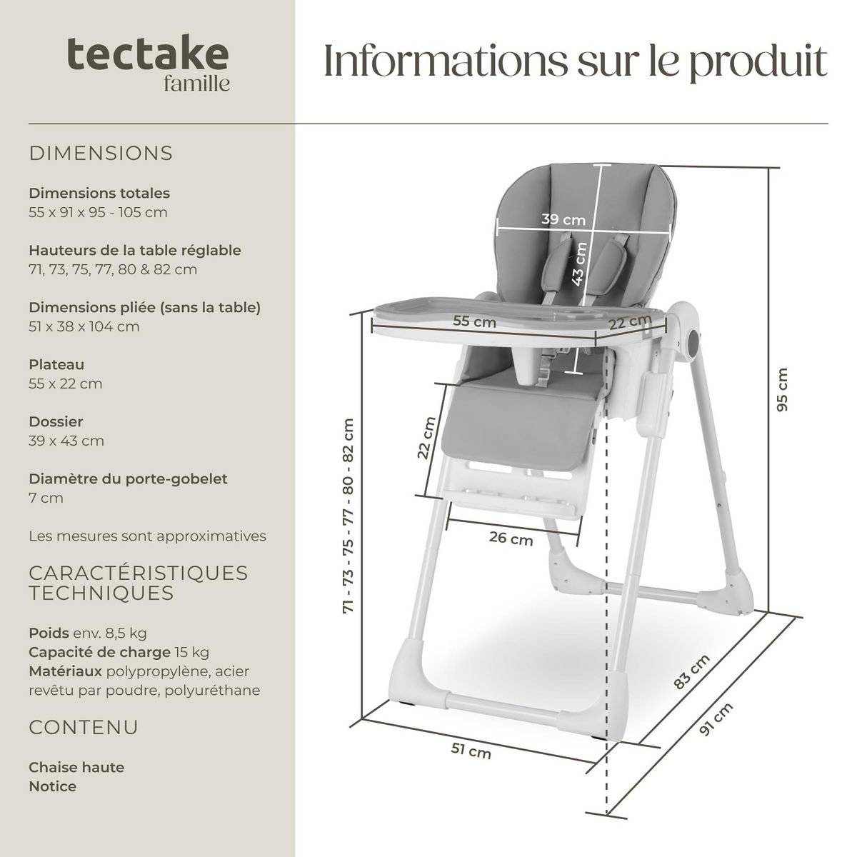 tectake Chaise haute dès les premiers mois, pliable blanc