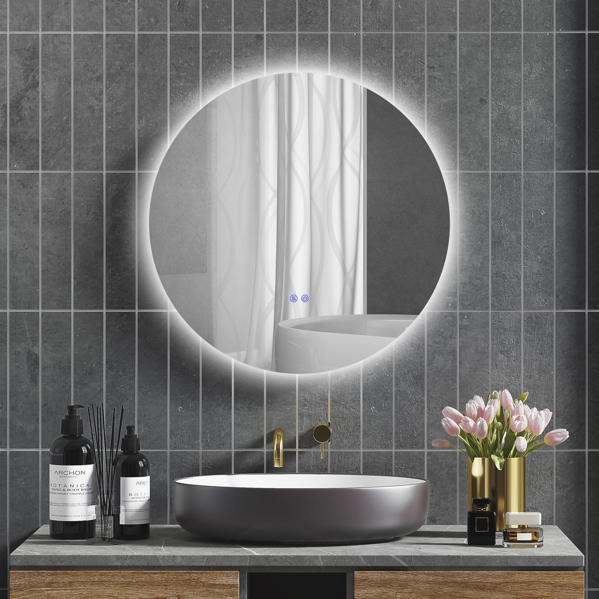 Voir la diapositive 2 : KLEANKIN Miroir rond lumineux led réglable de salle de bain dia. 80 cm interrupteur tactile fonction antibuée gris