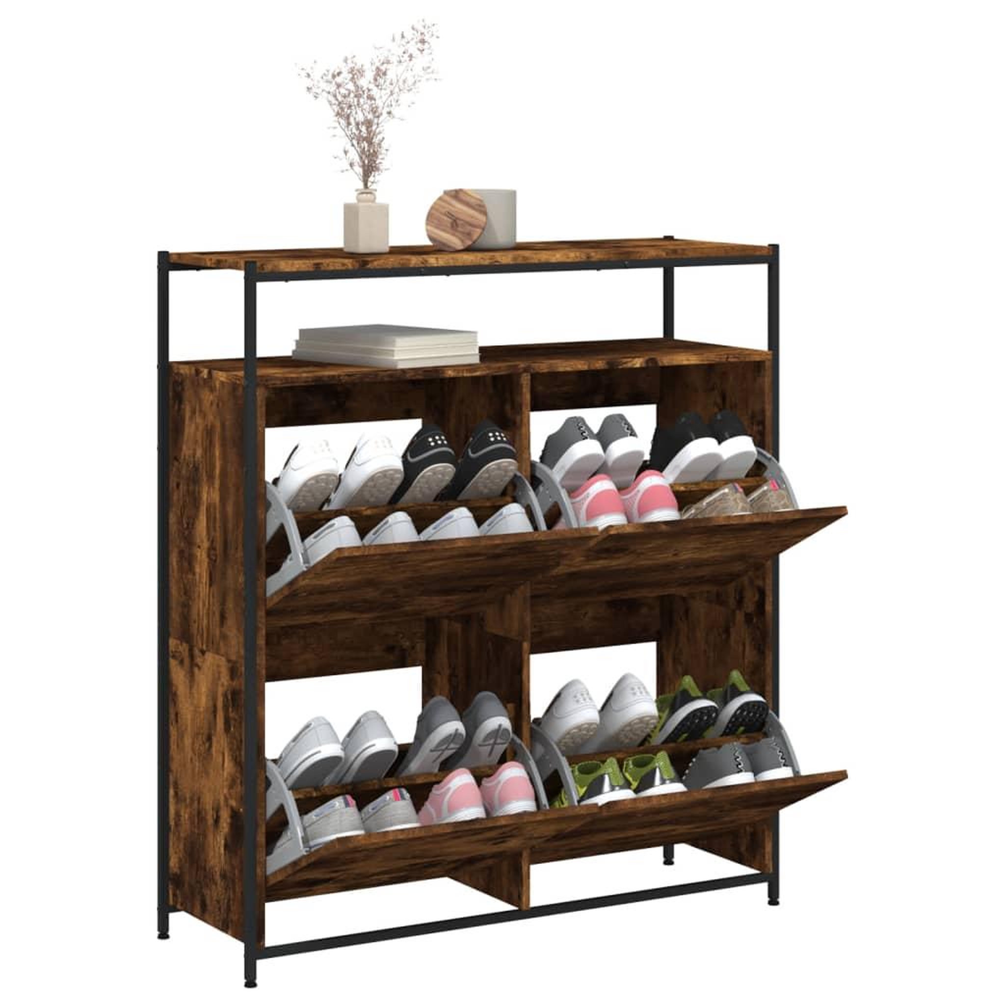 Voir la diapositive 4 : VIDAXL Armoire a chaussures 4 tiroirs rabattables chene fume
