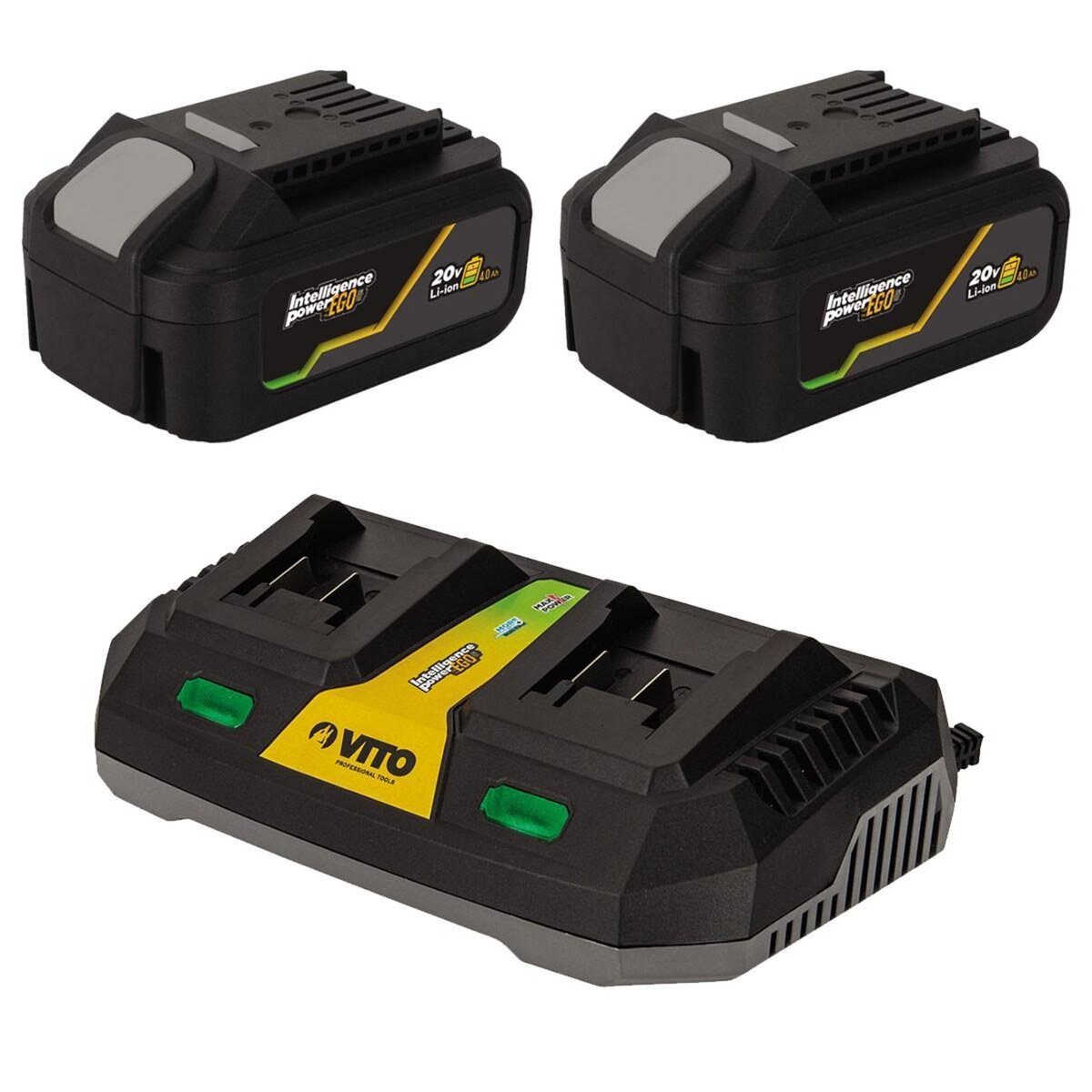 VITO Pack 2 Batteries Lithium 20V 4.0Ah + Chargeur double Gamme sans fil VITO