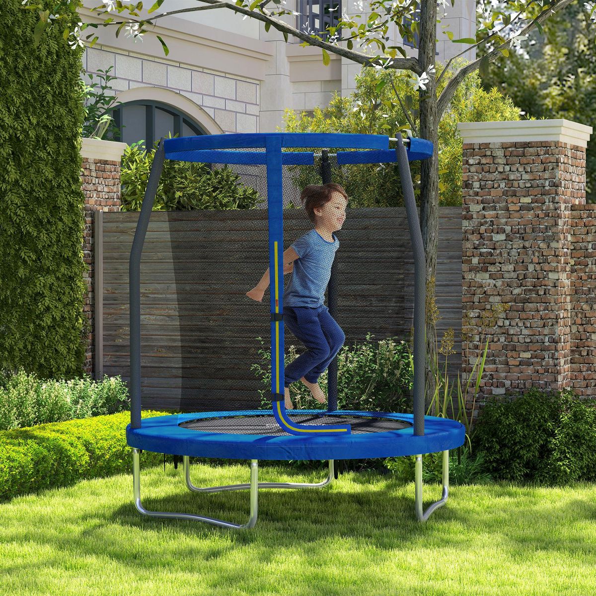 HOMCOM Trampoline de jardin enfant Ø183 cm - couvre-ressort, filet de sécurité porte zippée verrouillable inclus - acier bleu