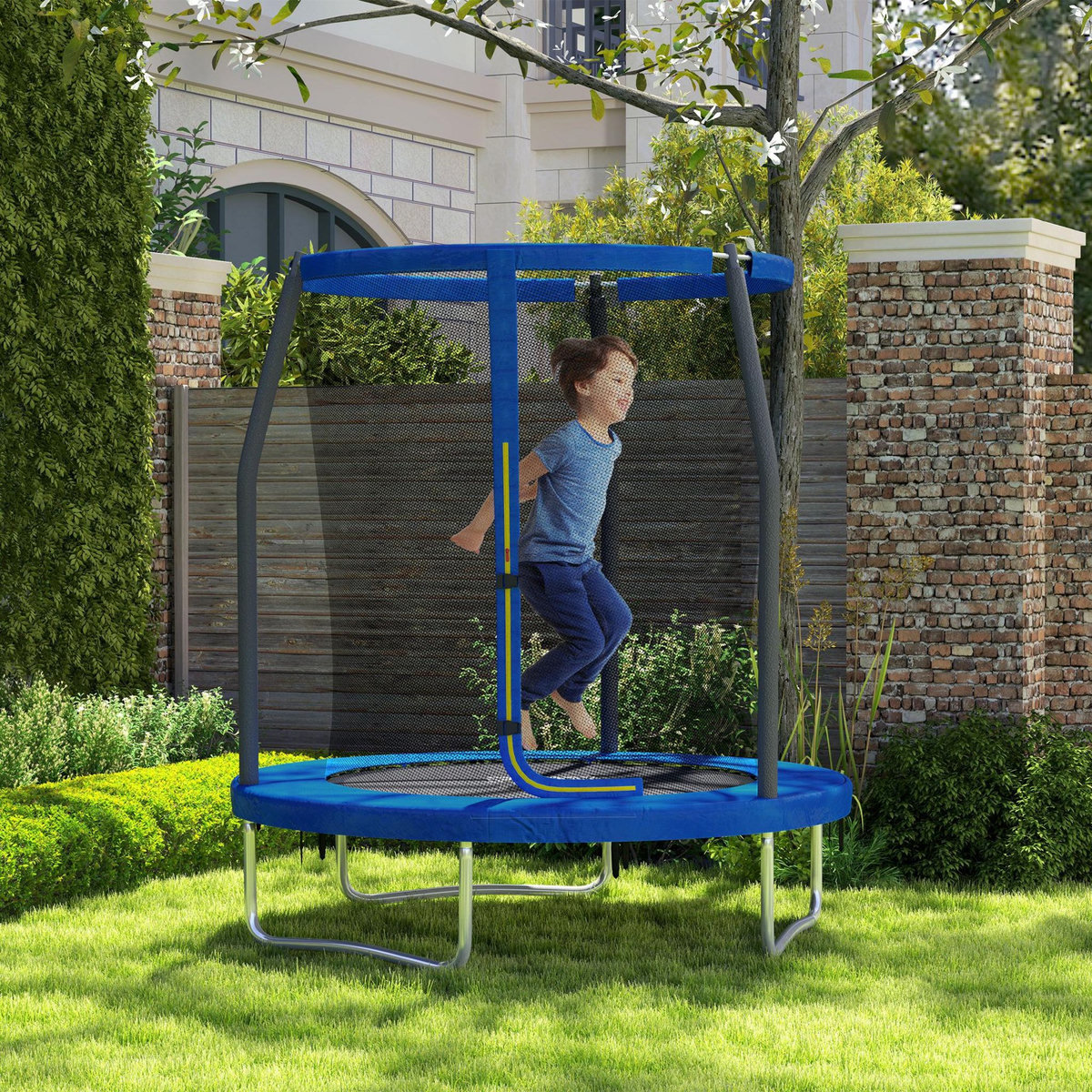 HOMCOM Trampoline de jardin enfant Ø183 cm - couvre-ressort, filet de sécurité porte zippée verrouillable inclus - acier bleu