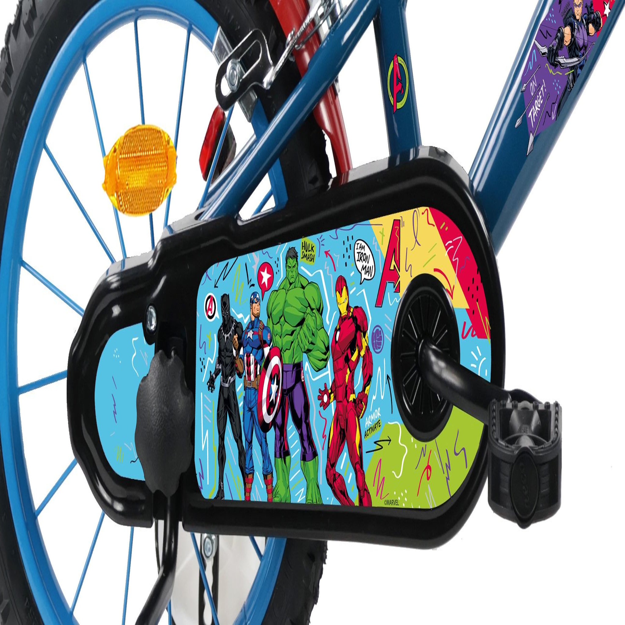Voir la diapositive 6 : Avengers Vélo enfant 14'' avengers (90 à 105cm) avec 2 freins, plaque avant décorative , bidon arrière, stabilisateurs & pneus gonflables.
